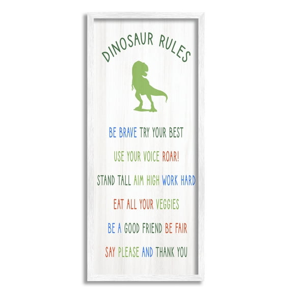 Stupell Industries Dinosaur Rules Listed Kids T-Rex Green Reptile Inspirational Painting White Framed Art Print Wall Art, 13 x 30