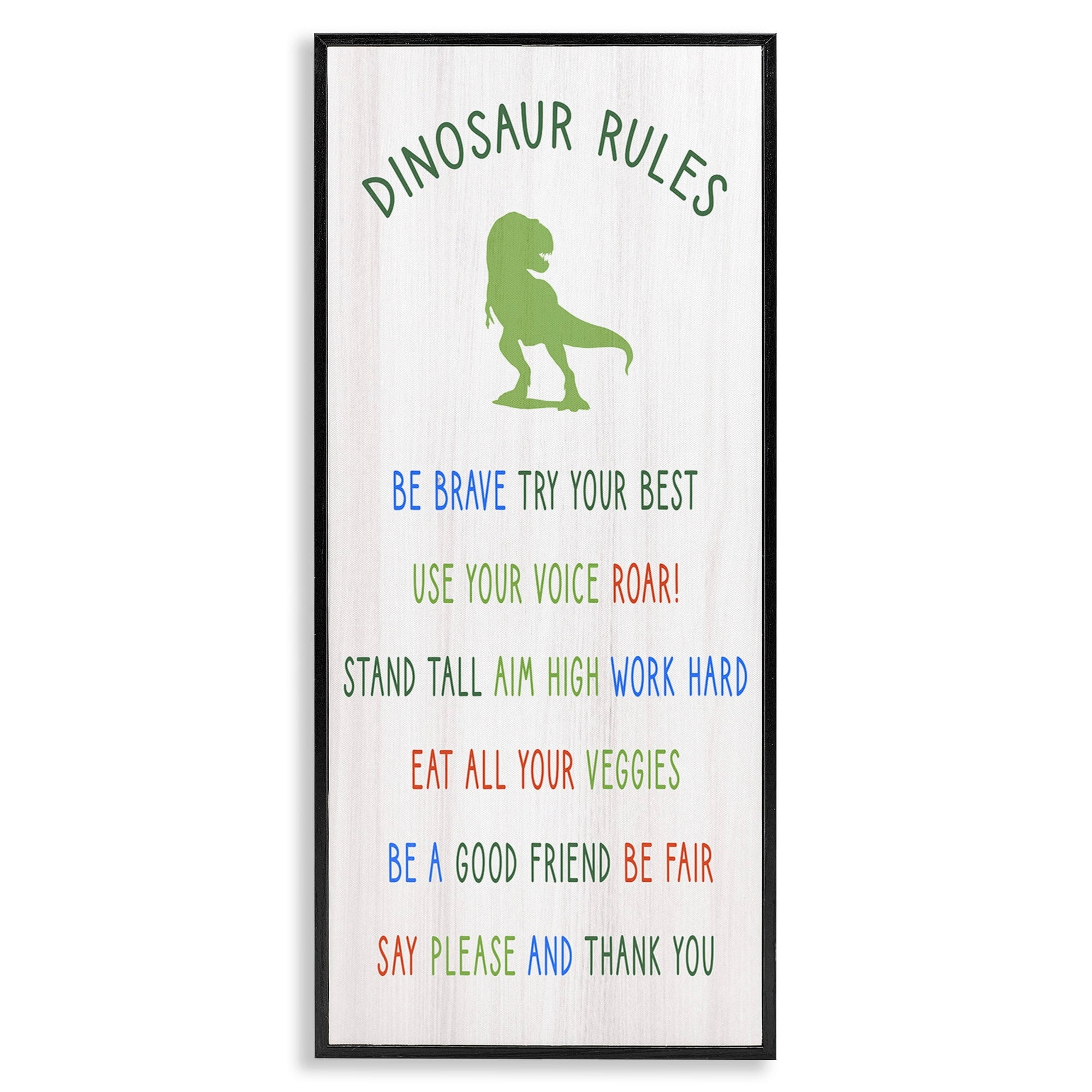 Stupell Industries Dinosaur Rules Listed Kids T-Rex Green Reptile Kids Painting Black Framed Art Print Wall Art, 10 x 24, Design by Daphne Polselli