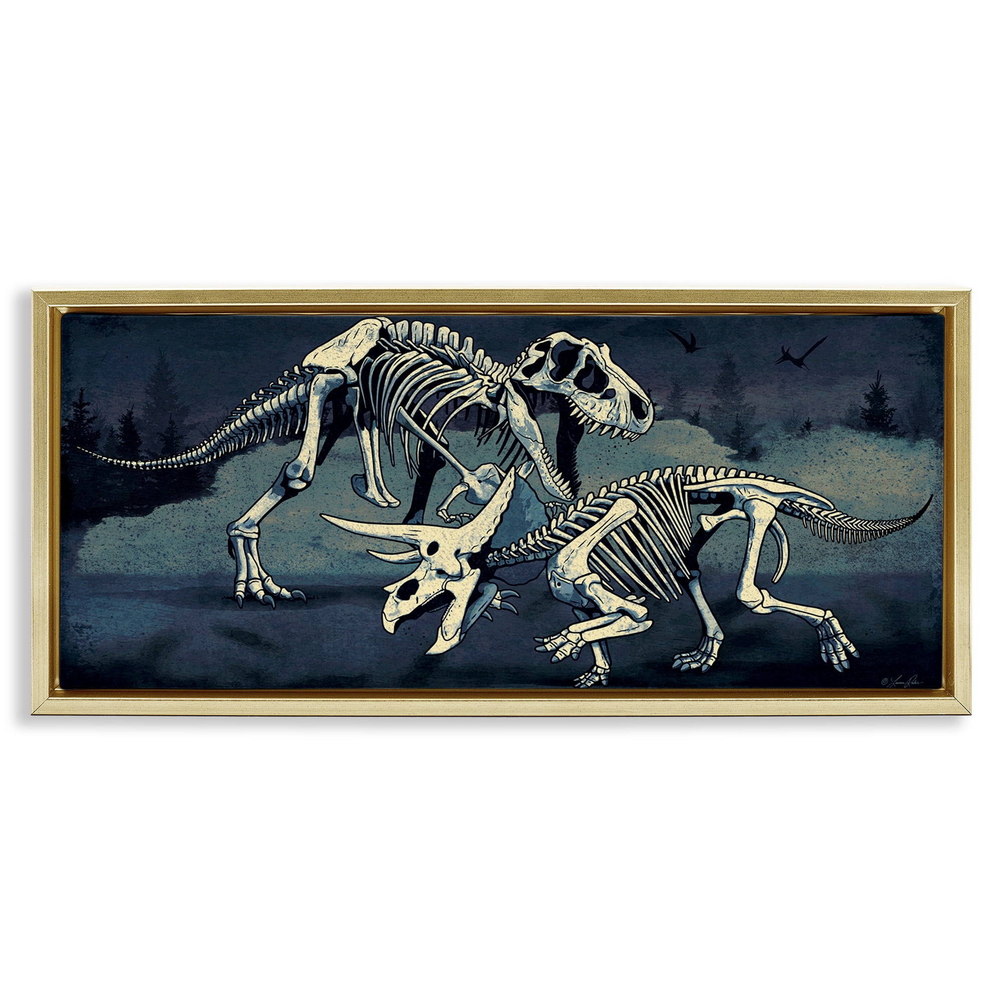 Stupell Industries Dinosaur Skeletons Duo Animals Painting Gold Floater Framed Canvas Art Print Wall Art, 31 x 14