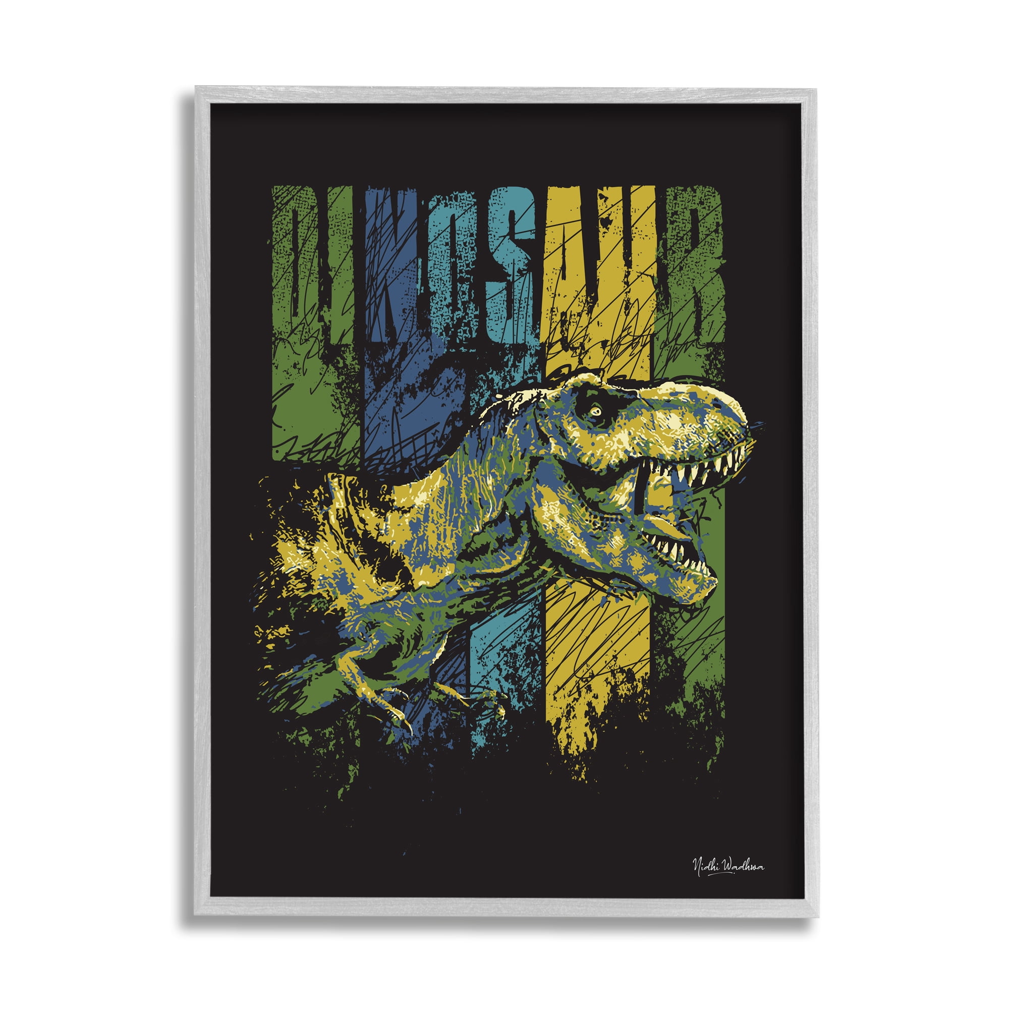 Stupell Industries Dinosaur T-Rex Illustration Animals & Insects Painting Gray Framed Art Print Wall Art, 11 x 14