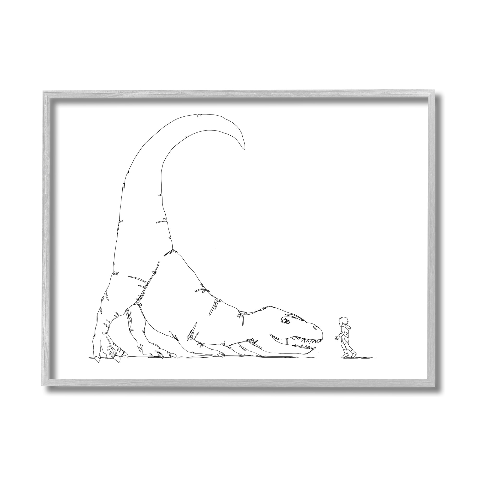 Stupell Industries Dinosaur T-Rex and Boy Line Drawing Minimal Animals & Insects Painting Gray Framed Art Print Wall Art, 16 x 20
