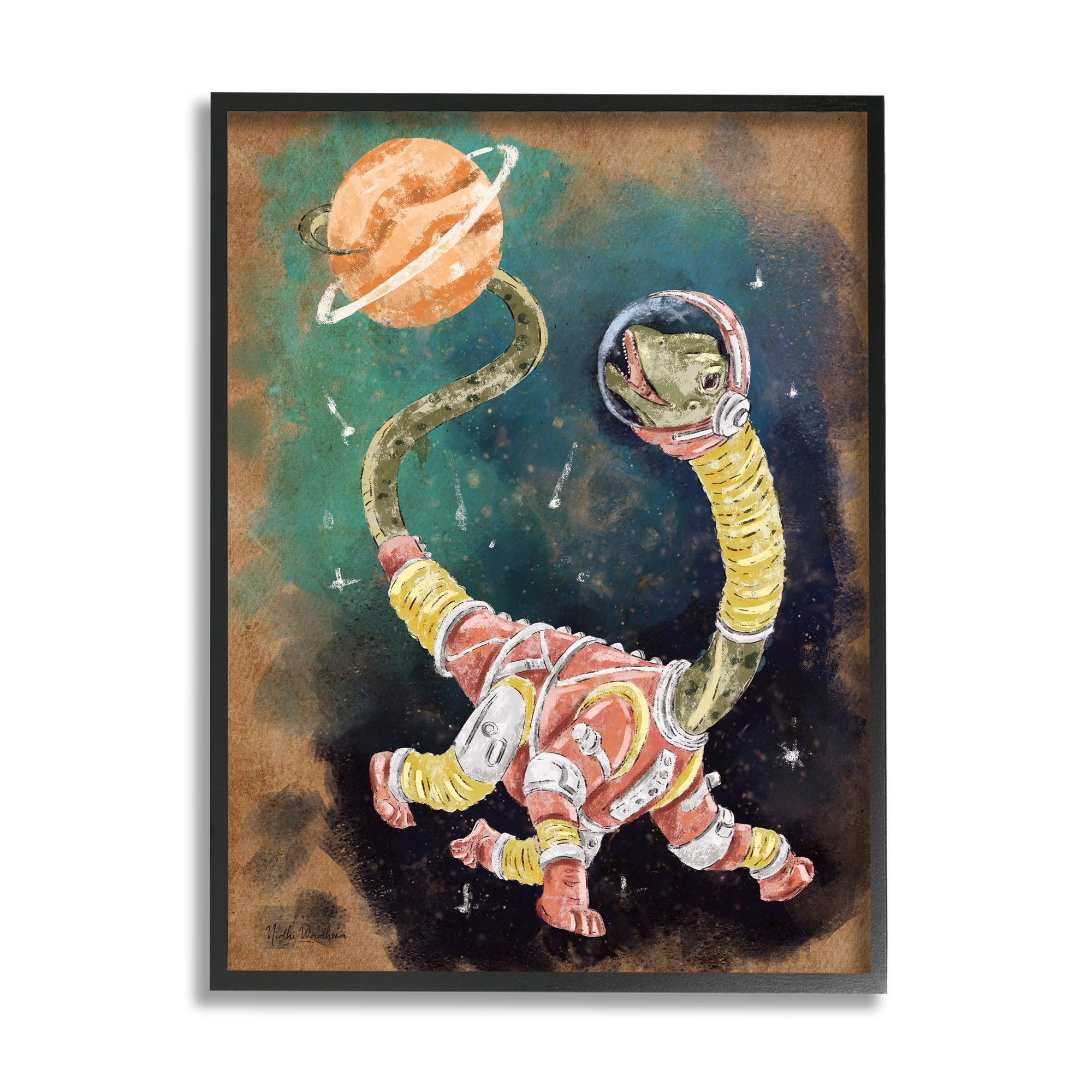 Stupell Industries Dinosaur in Outer Space Animals & Insects Painting Black Framed Art Print Wall Art, 24 x 30
