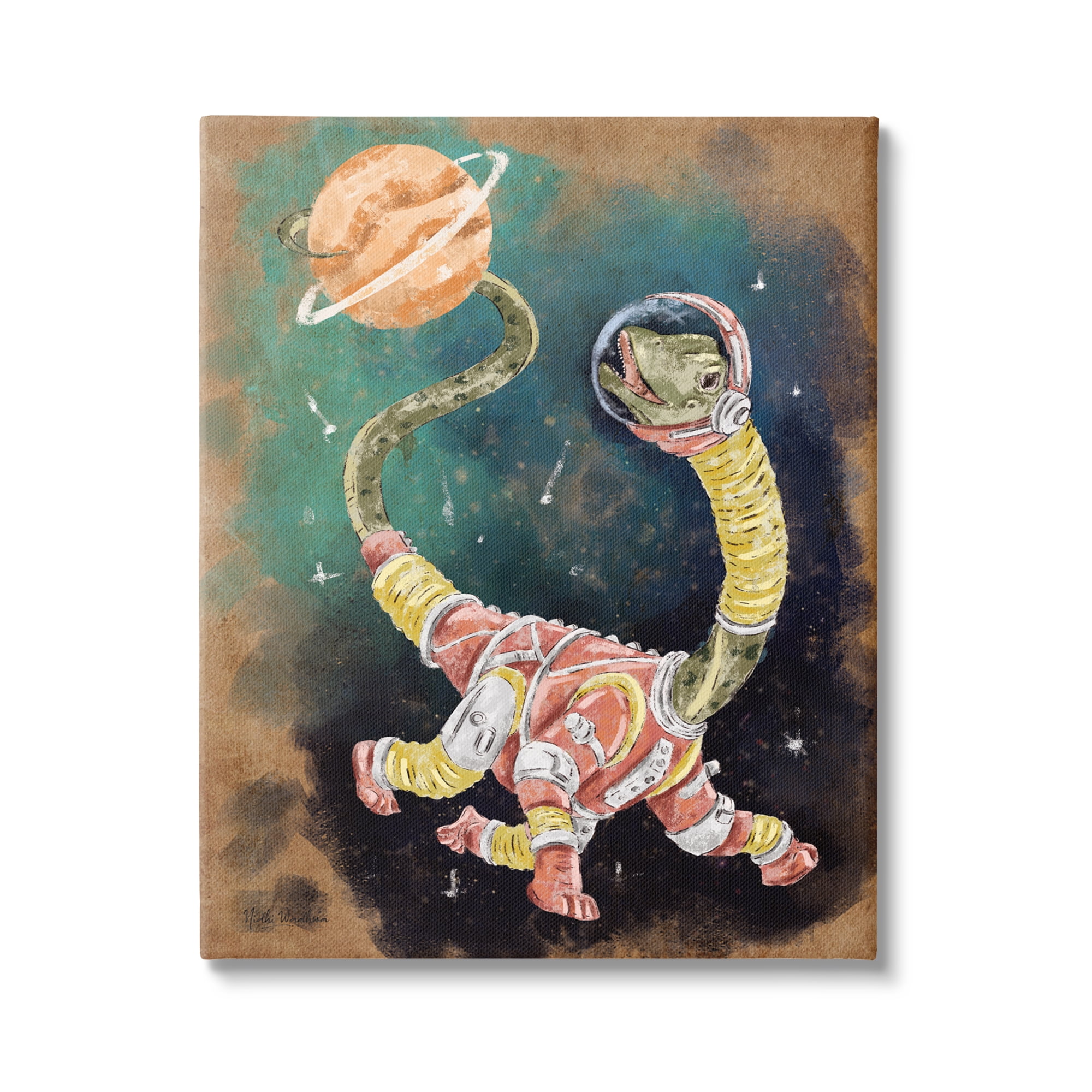 Stupell Industries Dinosaur in Outer Space Animals & Insects Painting Gallery Wrapped Canvas Print Wall Art, 16 x 20