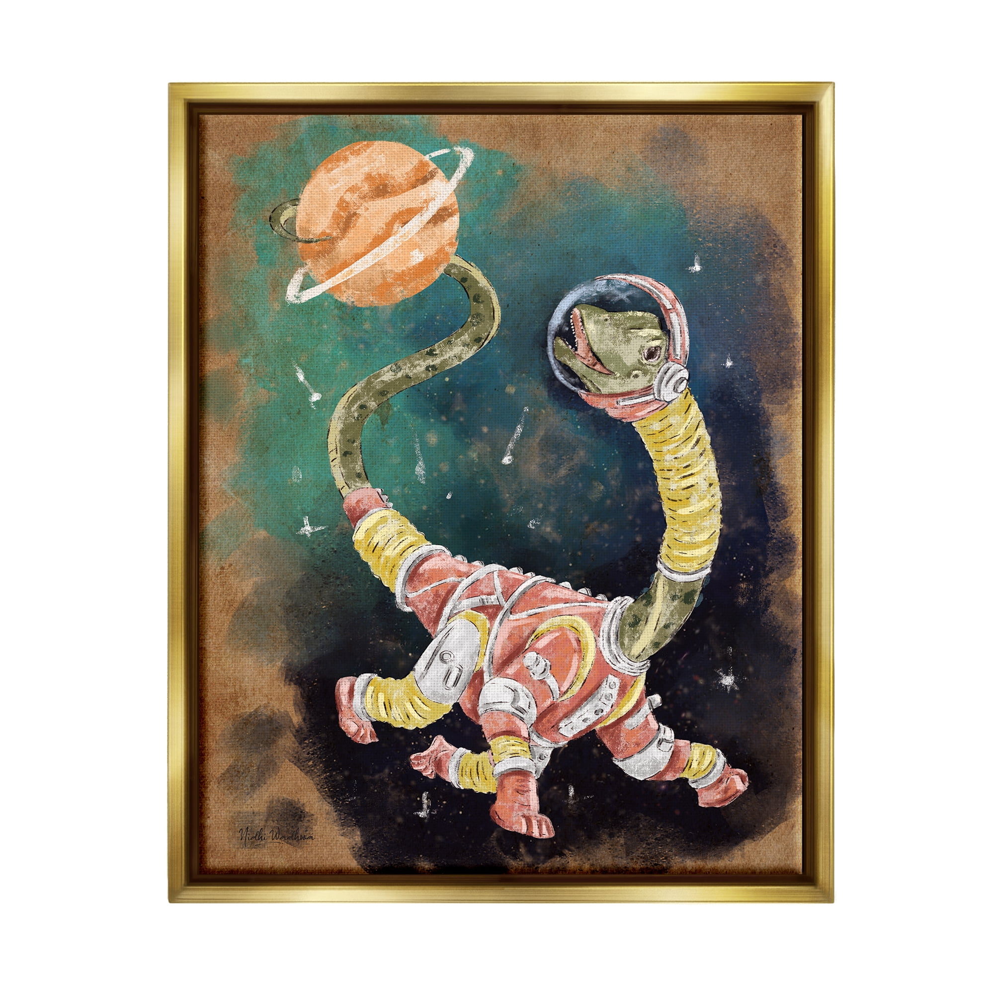 Stupell Industries Dinosaur in Outer Space Animals & Insects Painting Gold Floater Framed Art Print Wall Art, 25 x 31