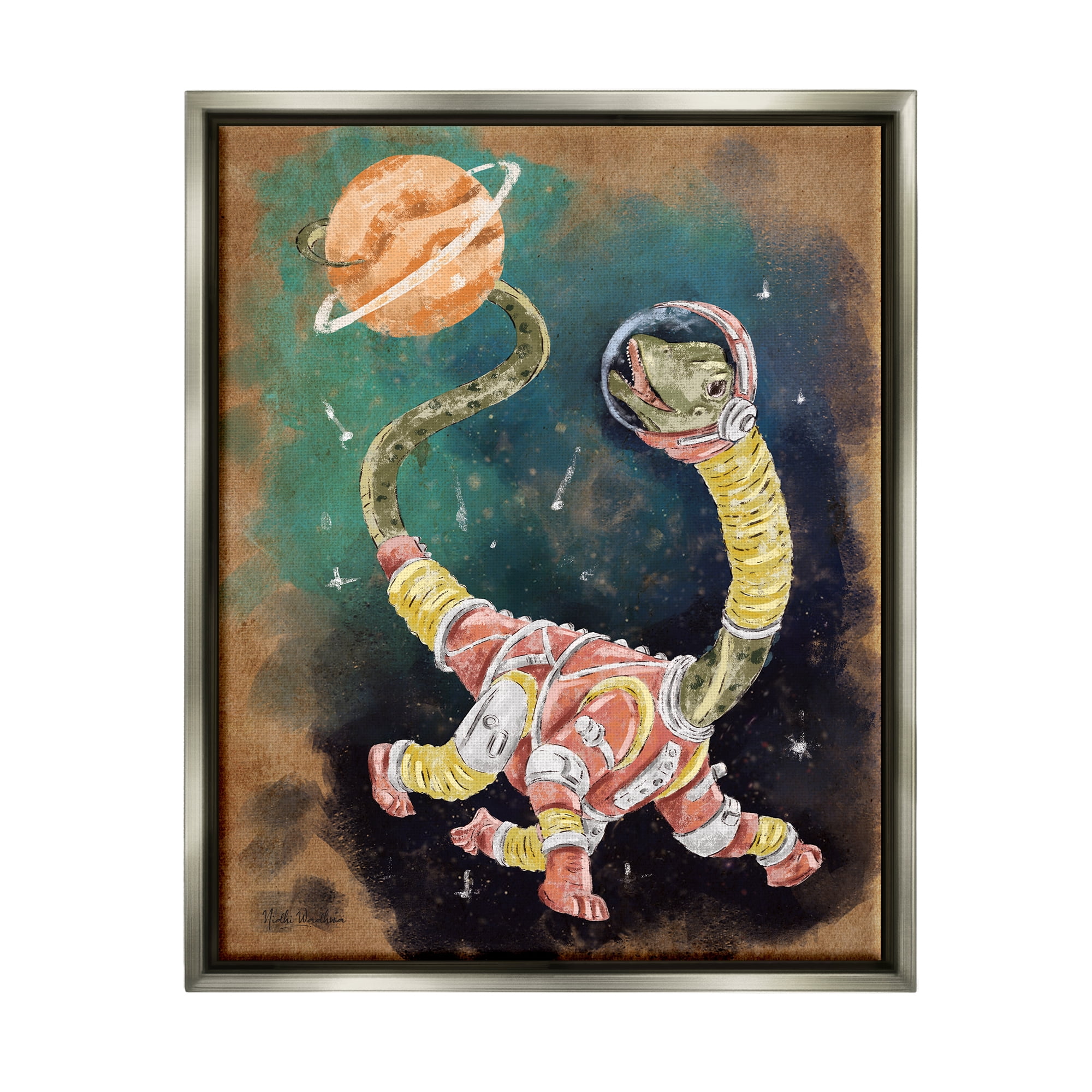 Stupell Industries Dinosaur in Outer Space Animals & Insects Painting Gray Floater Framed Art Print Wall Art, 25 x 31