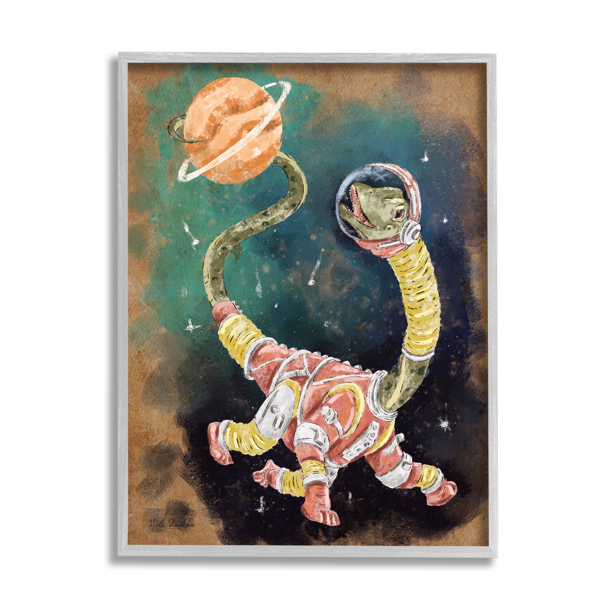 Stupell Industries Dinosaur in Outer Space Animals & Insects Painting Gray Framed Art Print Wall Art, 16 x 20