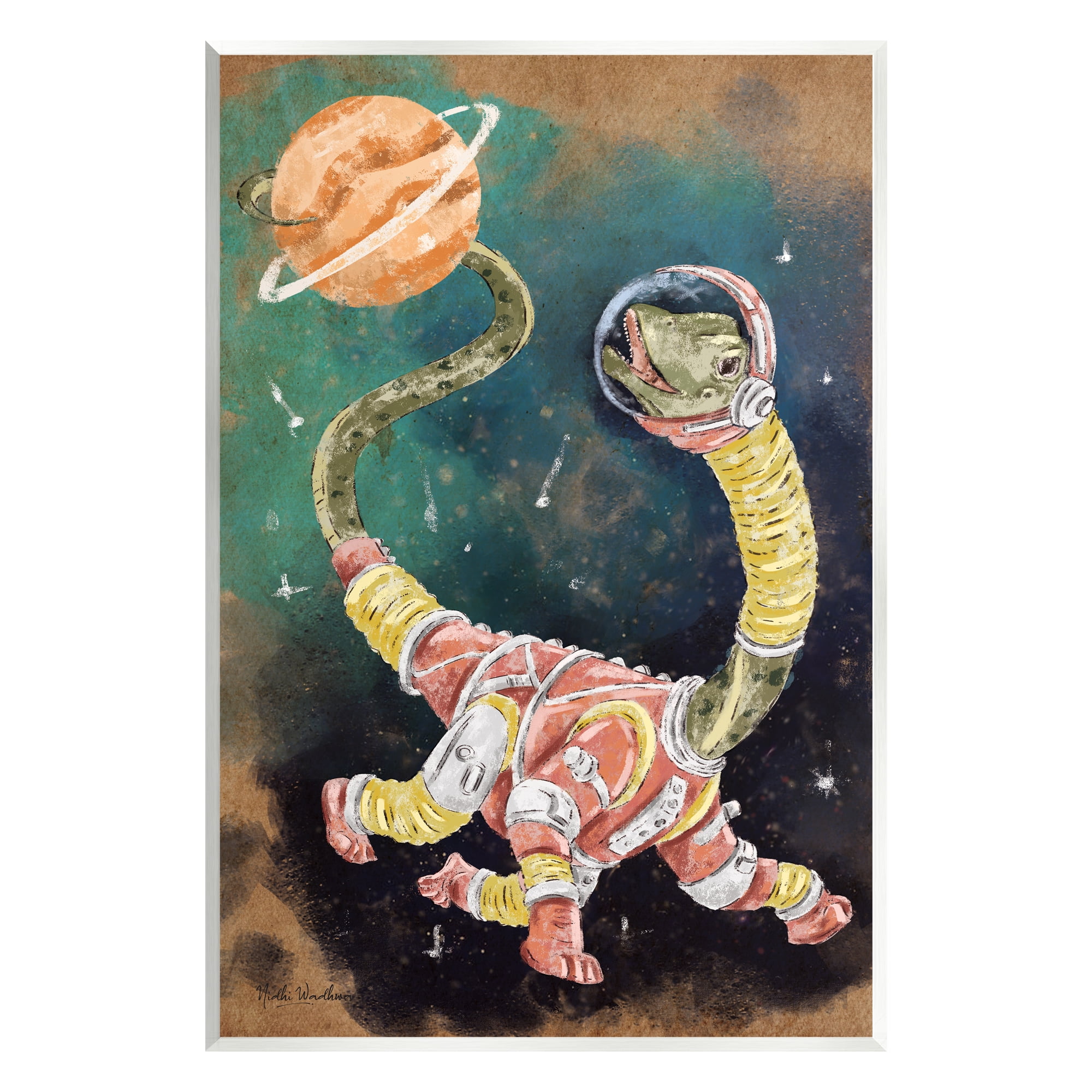 Stupell Industries Dinosaur in Outer Space Animals & Insects Painting Unframed Art Print Wall Art, 13 x 19
