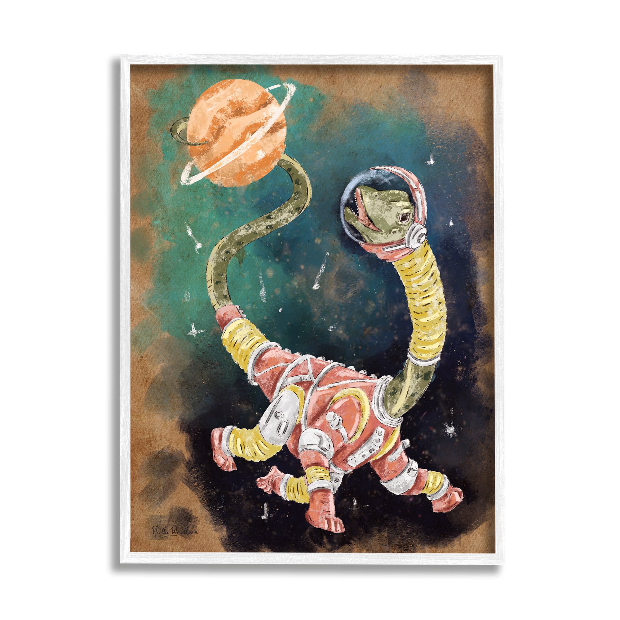 Stupell Industries Dinosaur in Outer Space Animals & Insects Painting White Framed Art Print Wall Art, 11 x 14