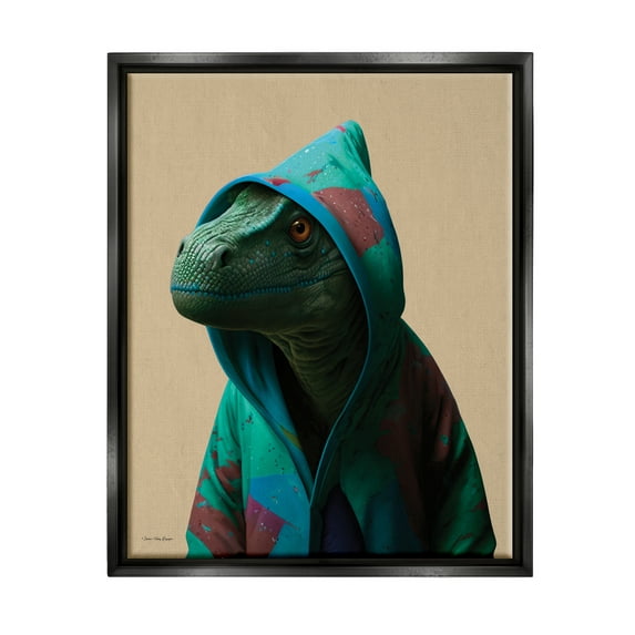 Stupell Industries Dinosaur in Stylish Hoodie Animals & Insects Painting Black Floater Framed Canvas Art Print Wall Art, 25 x 31