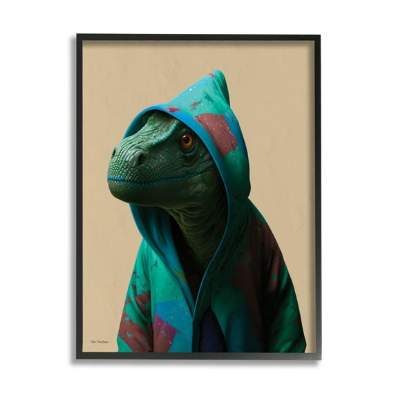 Stupell Industries Dinosaur in Stylish Hoodie Animals & Insects Painting Black Framed Art Print Wall Art, 24 x 30