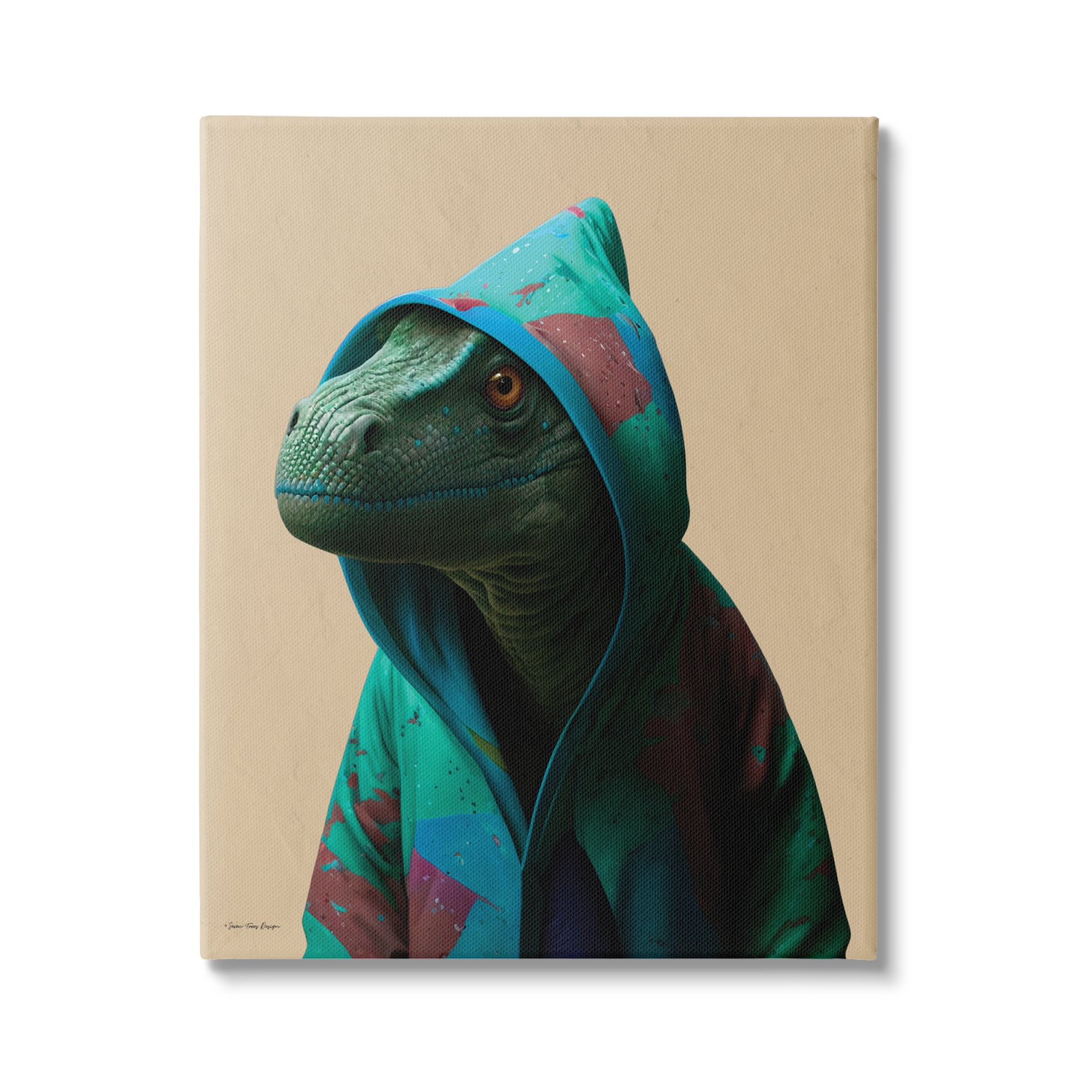 Stupell Industries Dinosaur in Stylish Hoodie Animals & Insects Painting Gallery Wrapped Canvas Art Print Wall Art, 16 x 20
