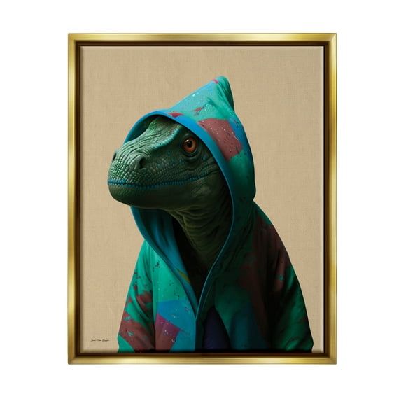 Stupell Industries Dinosaur in Stylish Hoodie Animals & Insects Painting Gold Floater Framed Canvas Art Print Wall Art, 17 x 21