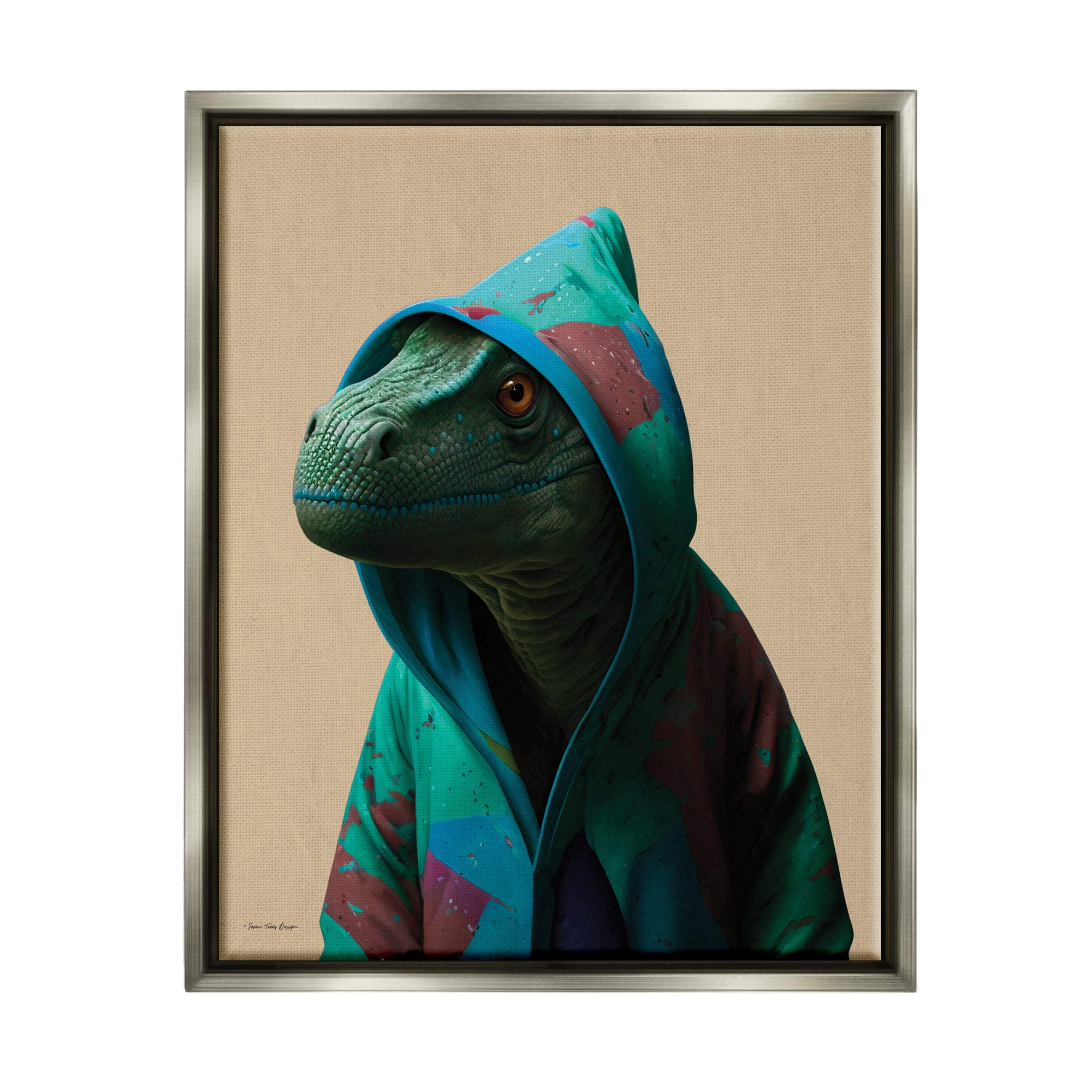 Stupell Industries Dinosaur in Stylish Hoodie Animals & Insects Painting Gray Floater Framed Canvas Art Print Wall Art, 17 x 21