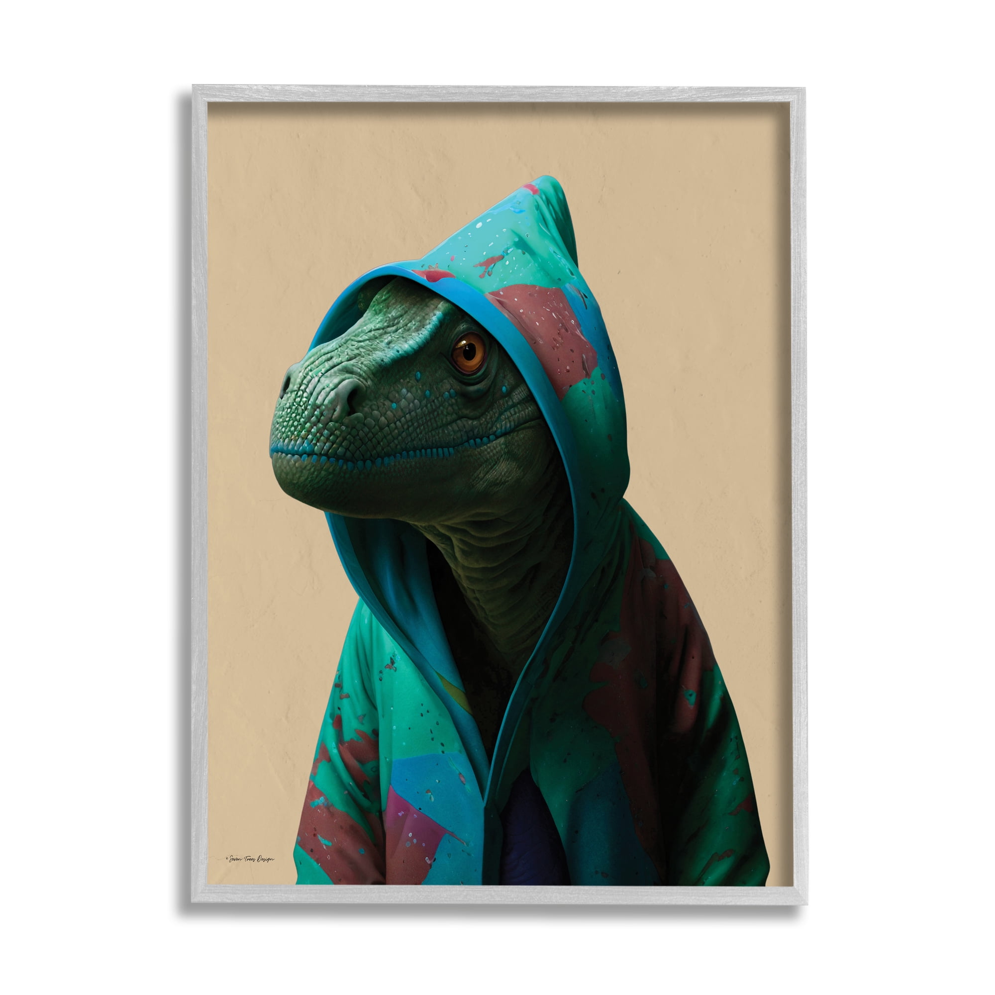 Stupell Industries Dinosaur in Stylish Hoodie Animals & Insects Painting Gray Framed Art Print Wall Art, 24 x 30