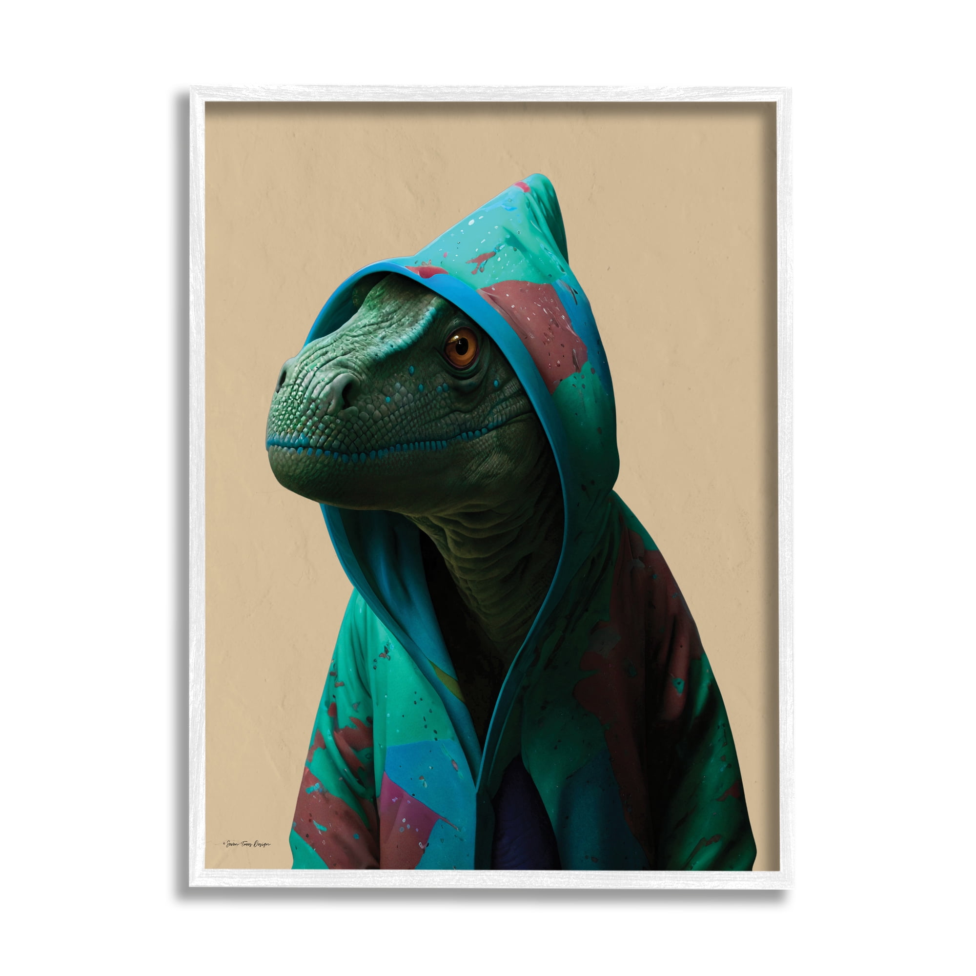 Stupell Industries Dinosaur in Stylish Hoodie Animals & Insects Painting White Framed Art Print Wall Art, 16 x 20