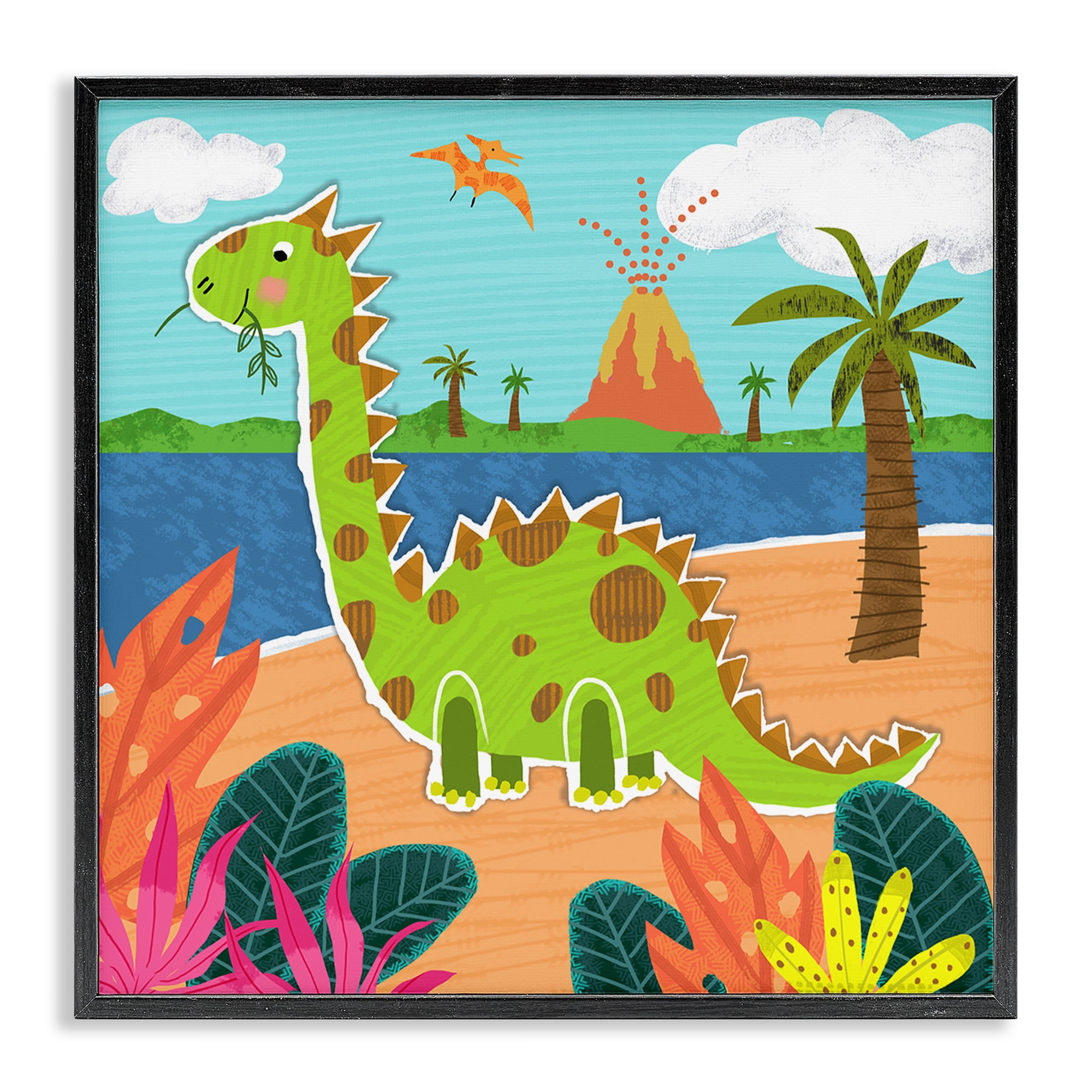 Stupell Industries Dinosaur on Beach Animals Painting Black Framed Art Print Wall Art, 17 x 17