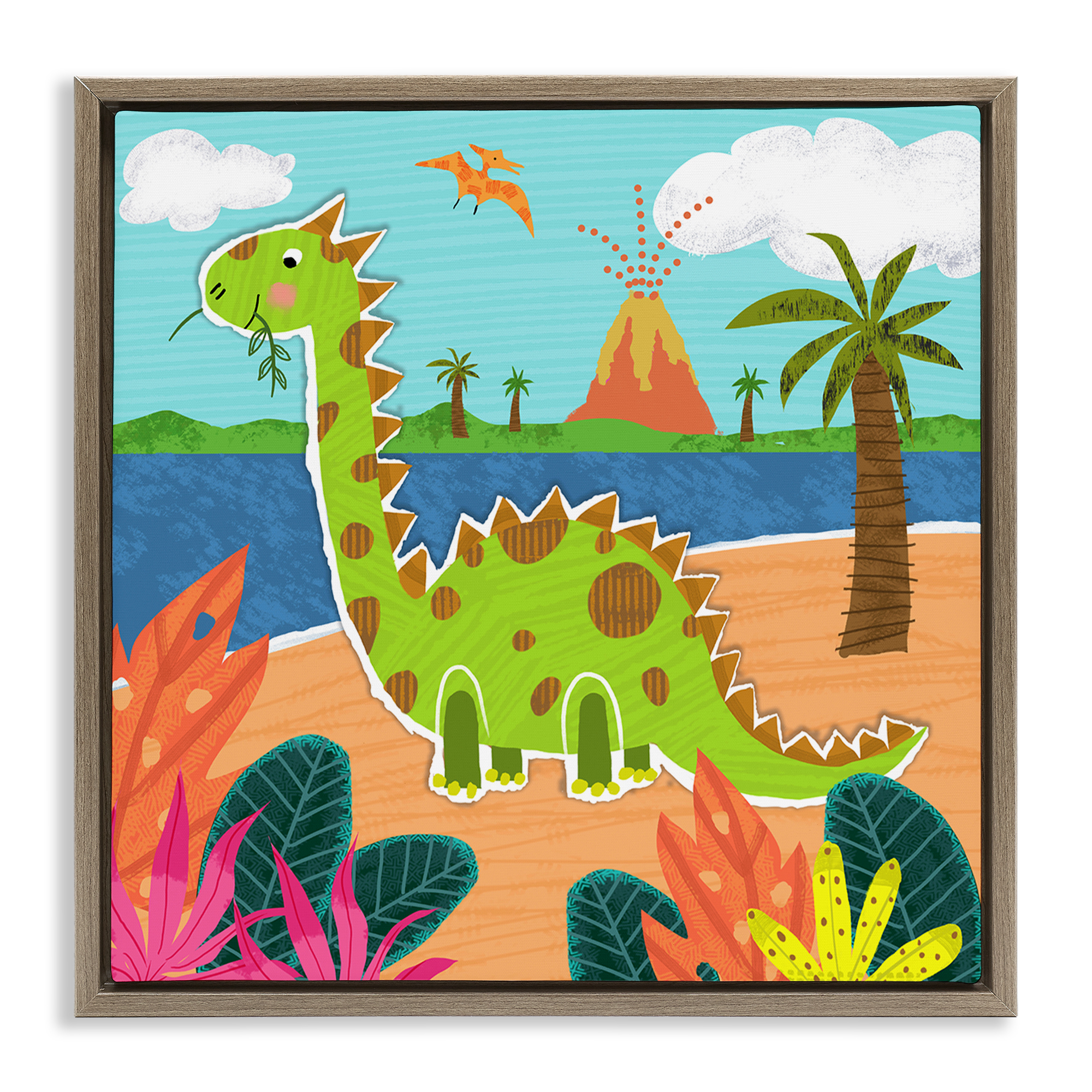 Stupell Industries Dinosaur on Beach Animals Painting Brown Floater Framed Canvas Art Print Wall Art, 18 x 18