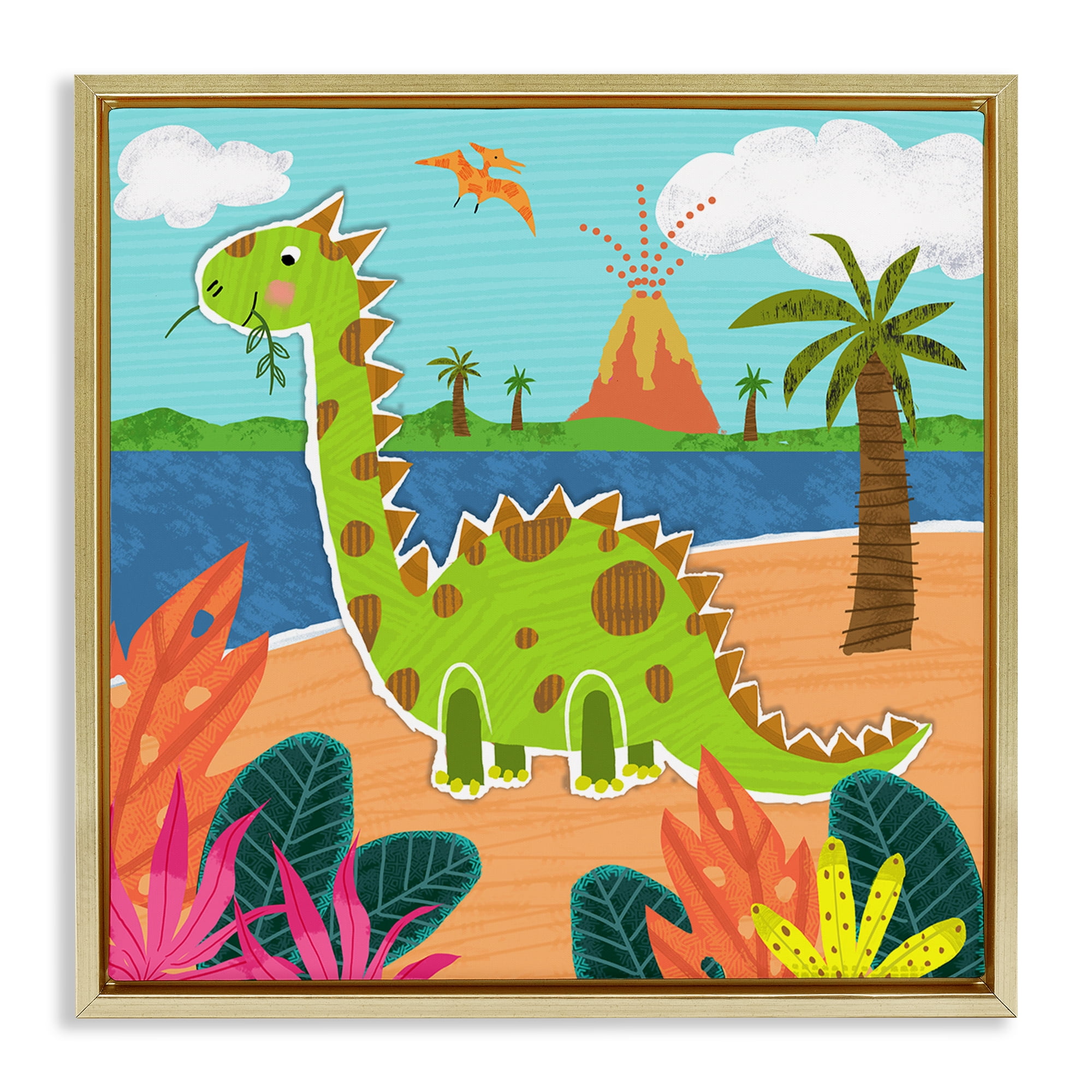 Stupell Industries Dinosaur on Beach Animals Painting Gold Floater Framed Canvas Art Print Wall Art, 25 x 25