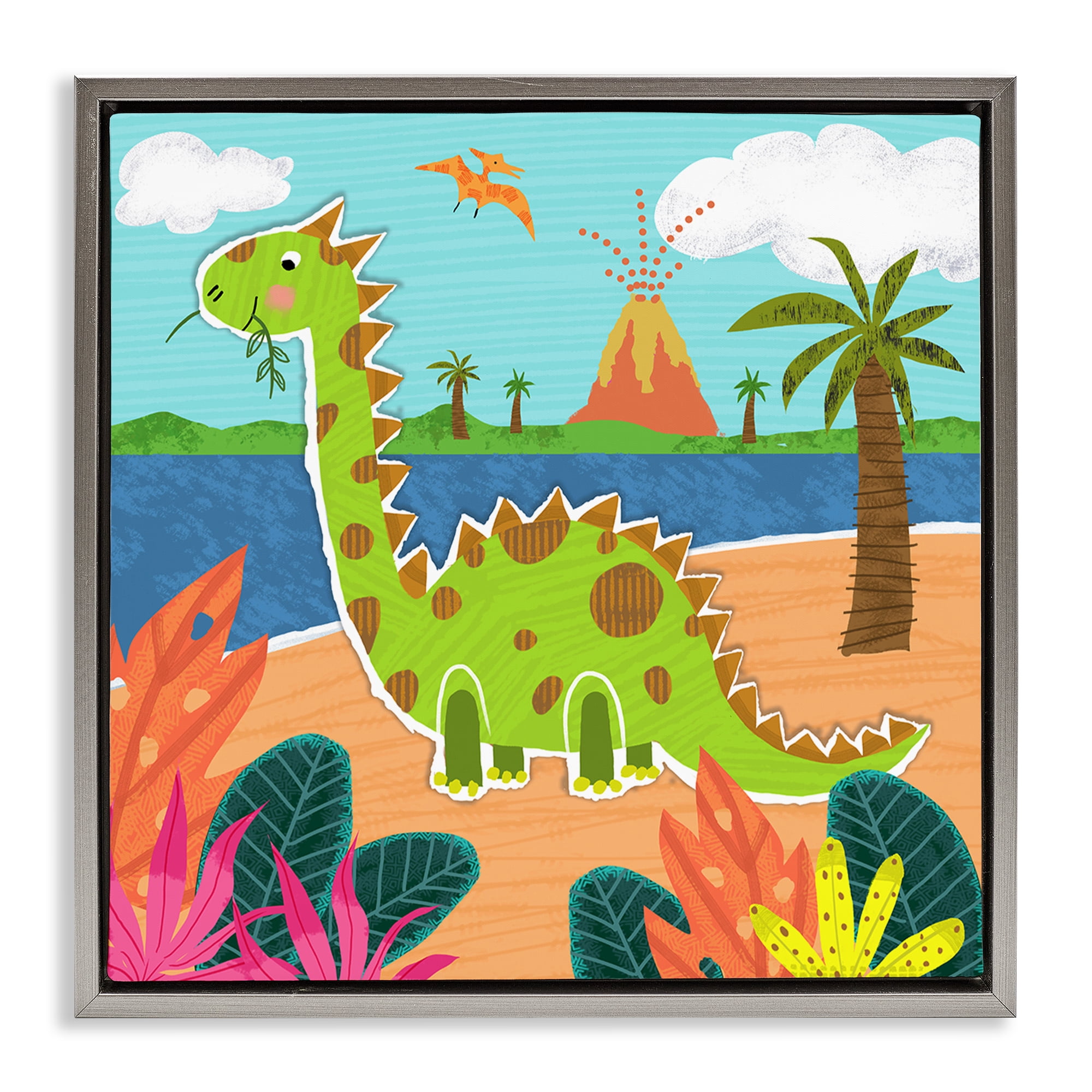 Stupell Industries Dinosaur on Beach Animals Painting Gray Floater Framed Canvas Art Print Wall Art, 18 x 18