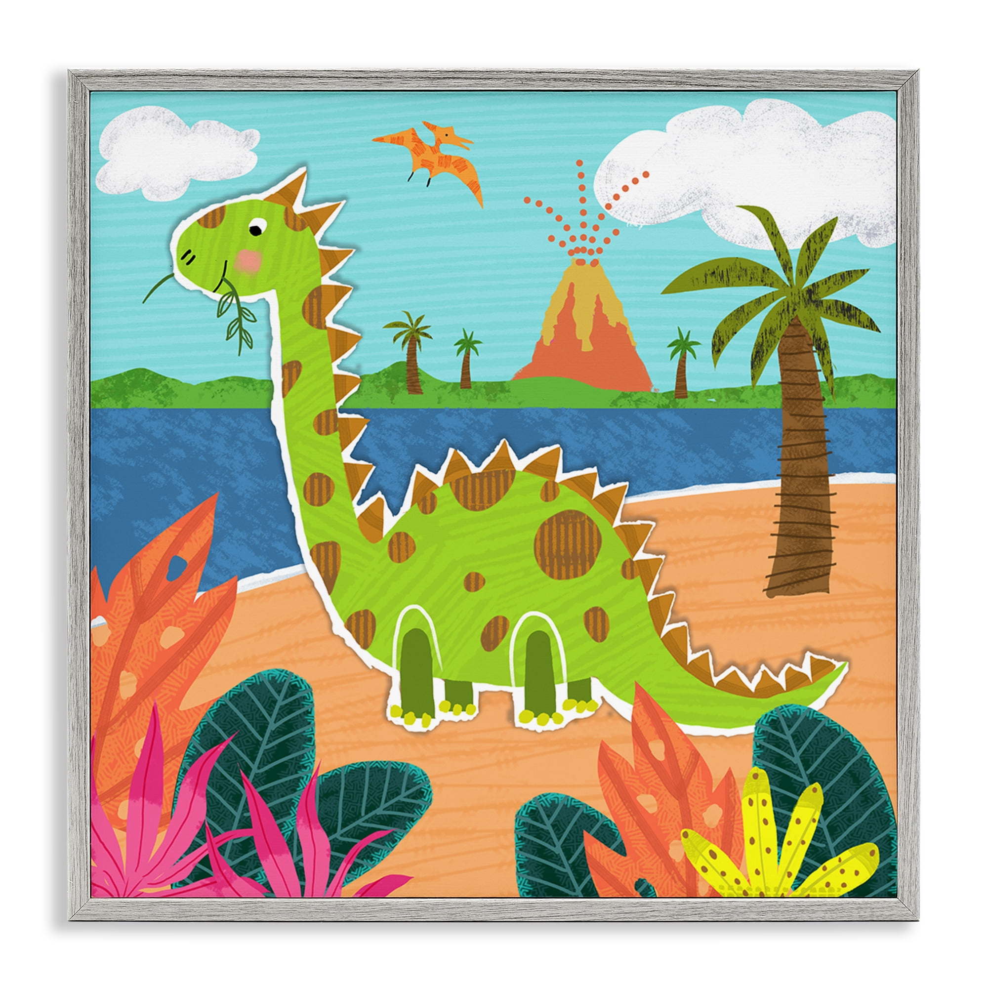 Stupell Industries Dinosaur on Beach Animals Painting Gray Framed Art Print Wall Art, 24 x 24