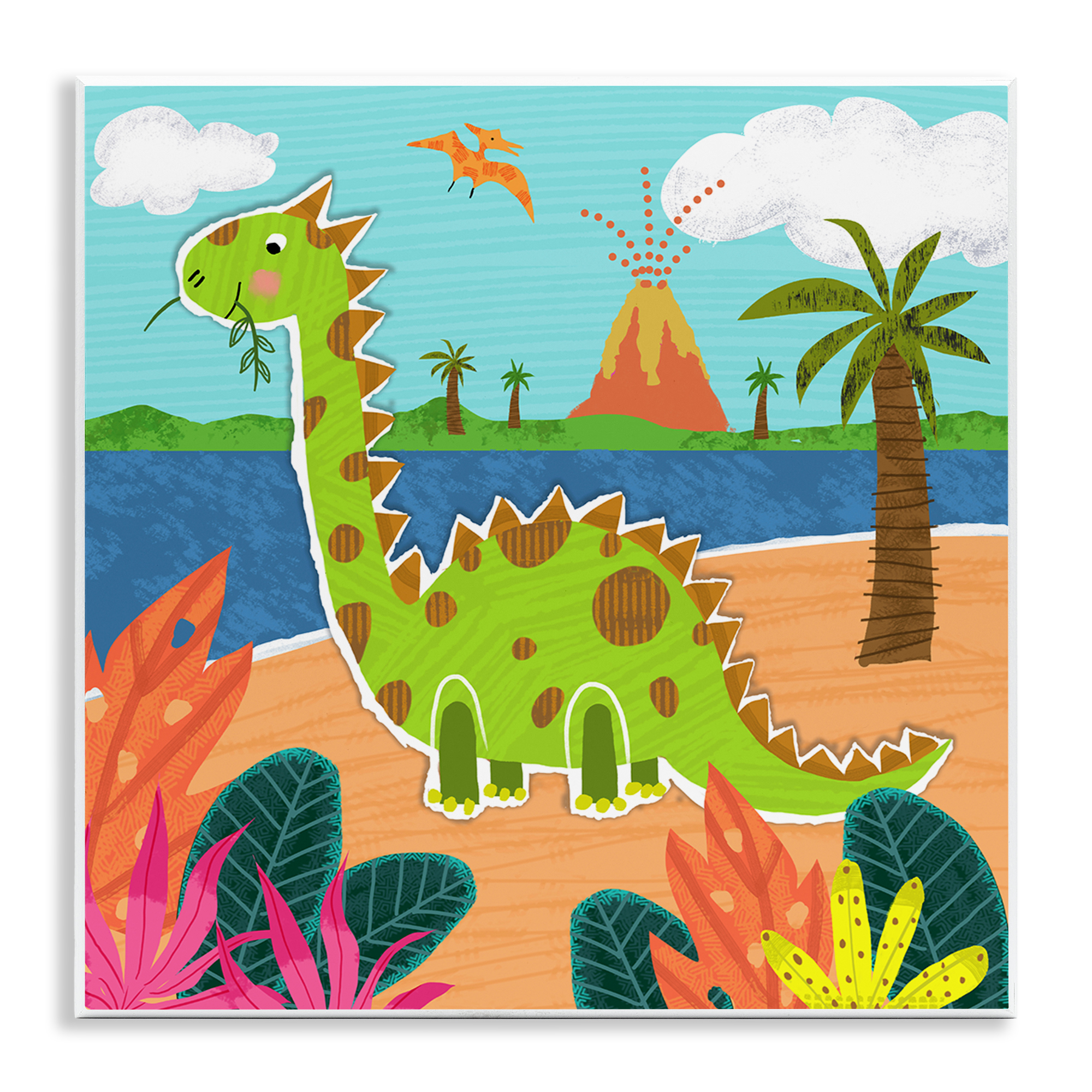 Stupell Industries Dinosaur on Beach Animals Painting Unframed Art Print Wall Art, 12 x 12