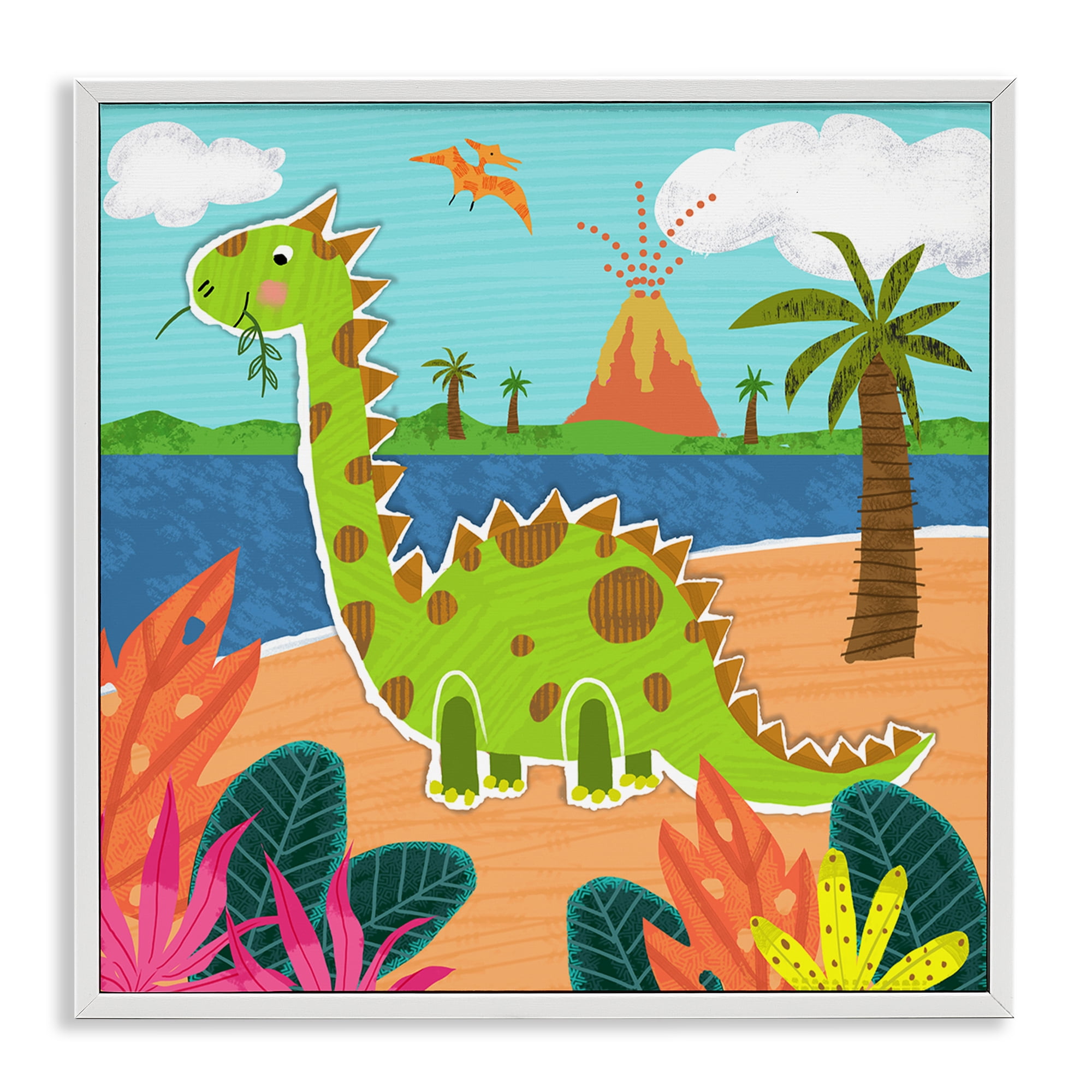 Stupell Industries Dinosaur on Beach Animals Painting White Framed Art Print Wall Art, 17 x 17