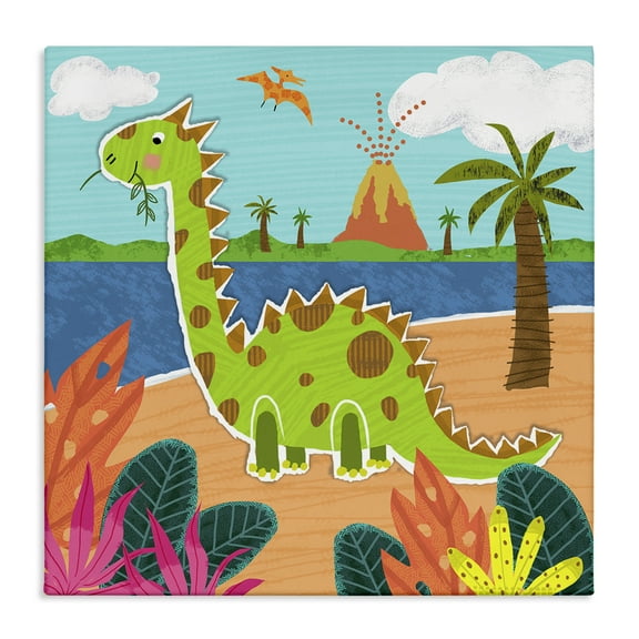 Stupell Industries Dinosaur on Beach Animals Painting Wrapped Canvas Art Print Wall Art, 17 x 17