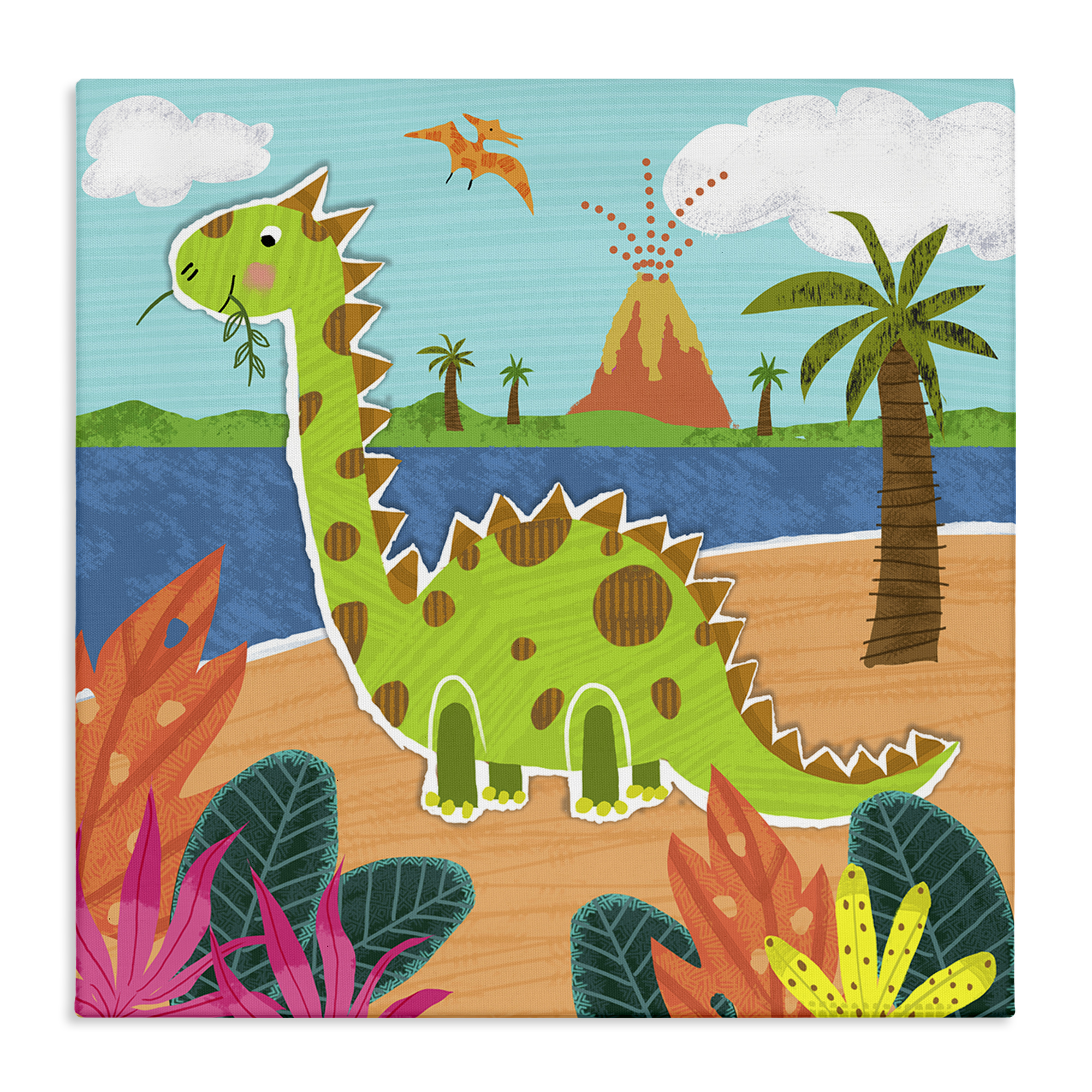 Stupell Industries Dinosaur on Beach Animals Painting Wrapped Canvas Art Print Wall Art, 30 x 30