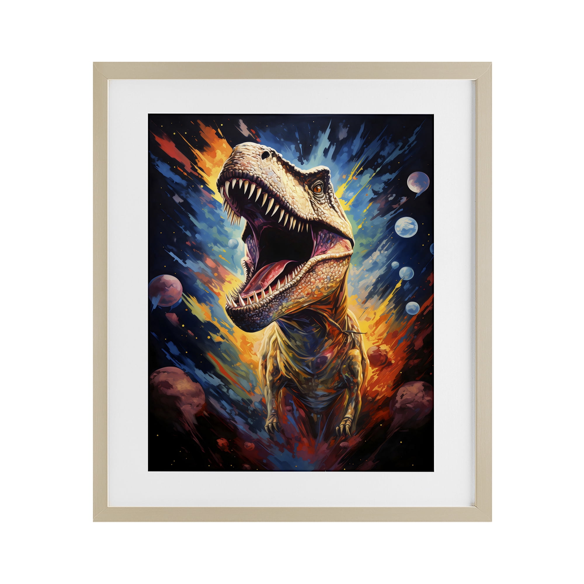 Stupell Industries Dinosaur with Planets Birch Framed Print Under Glass, design by Creative Studio
