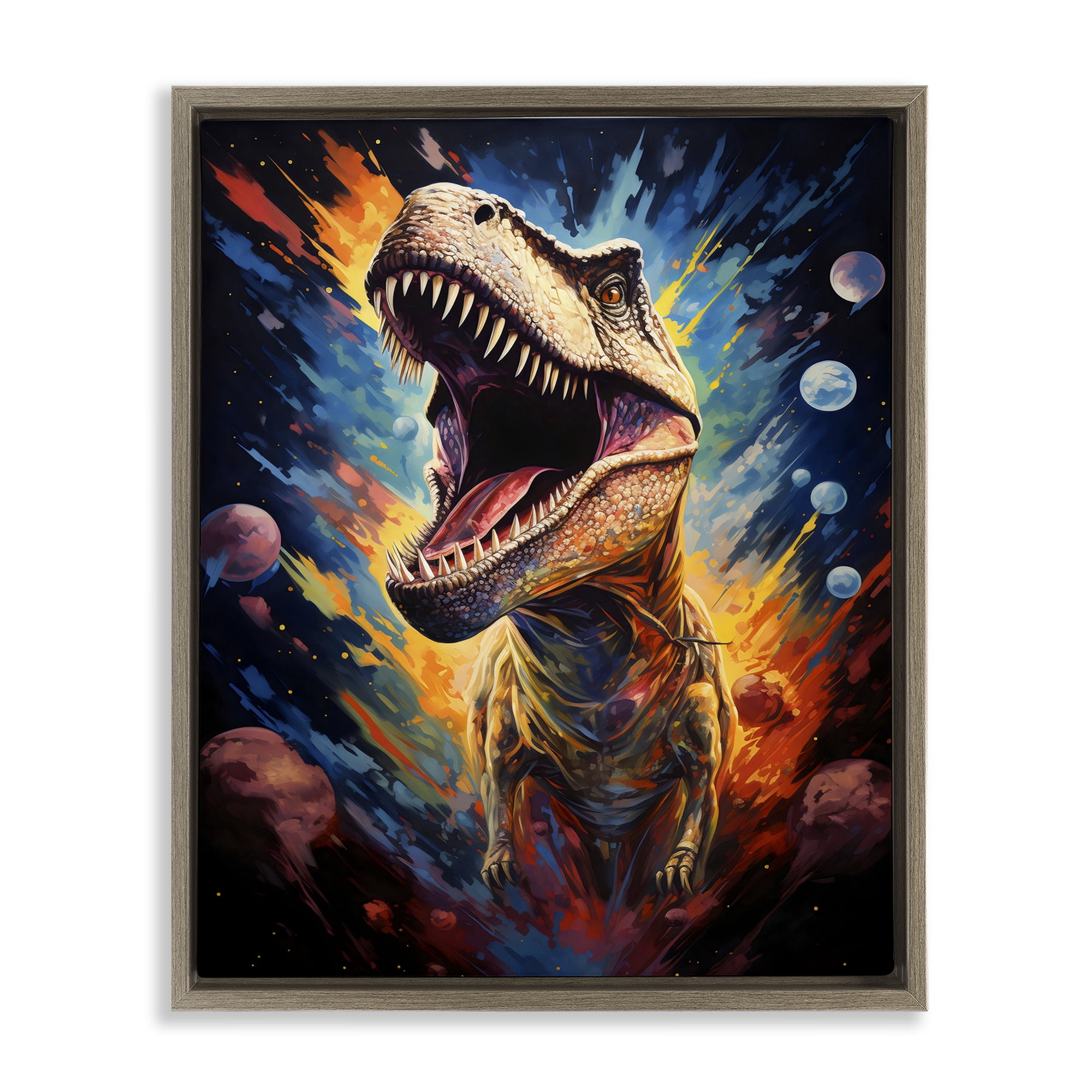 Stupell Industries Dinosaur with Planets Brown Framed Floater Canvas Wall Art, design by Creative Studio