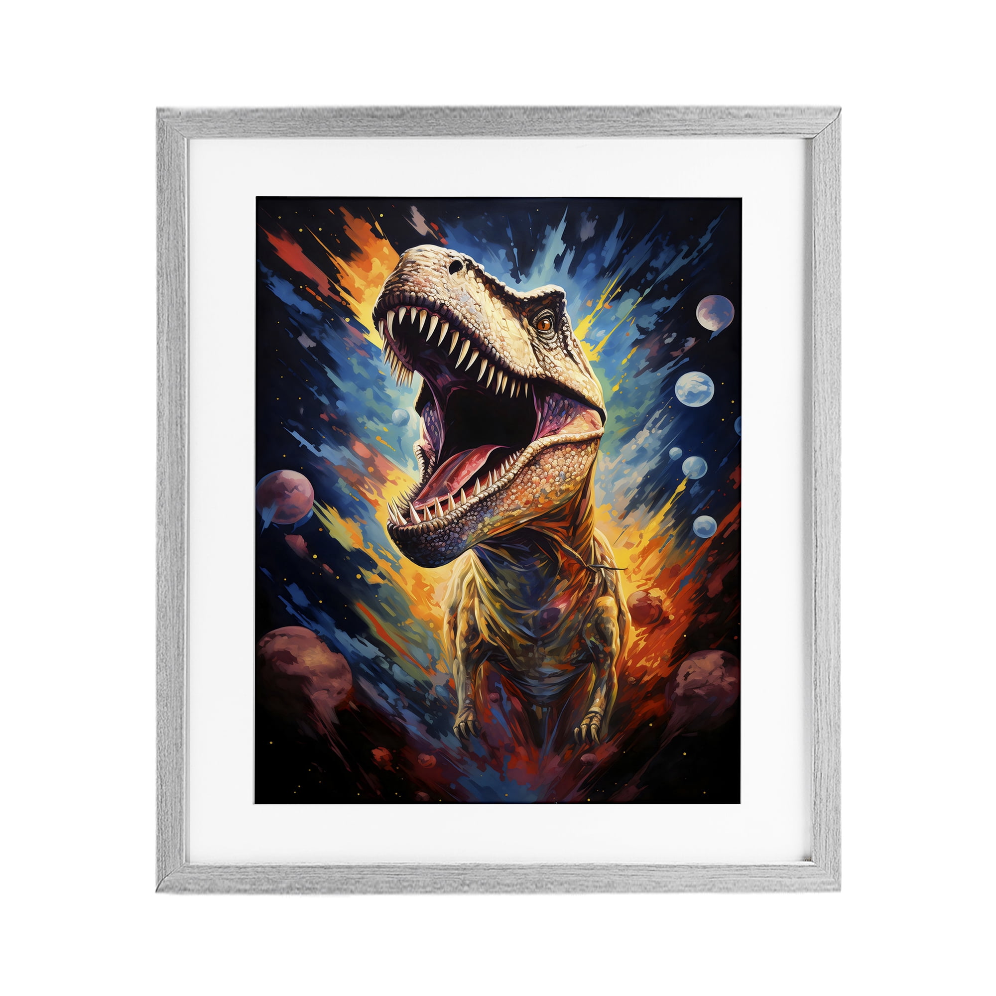 Stupell Industries Dinosaur with Planets Gray Framed Print Under Glass, design by Creative Studio