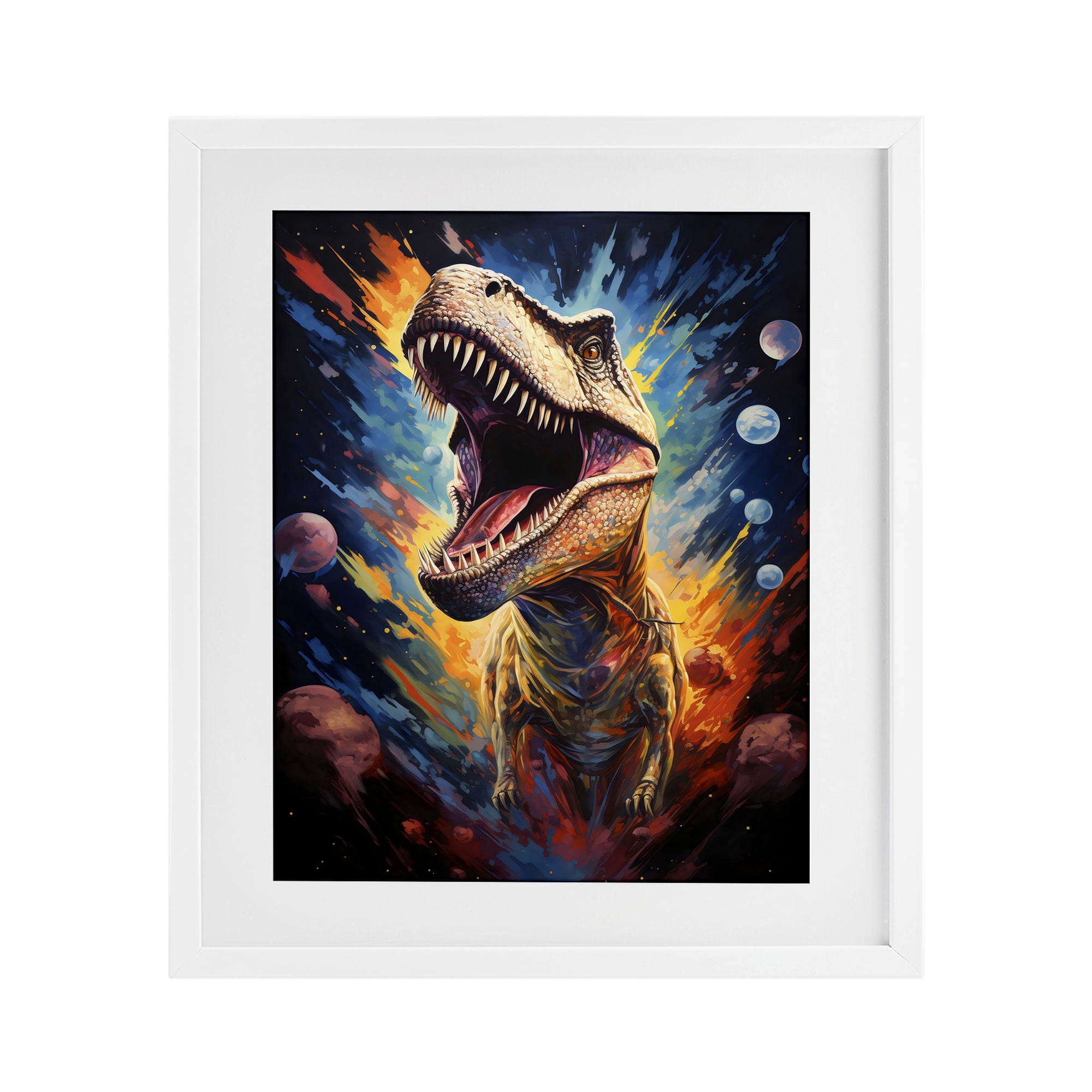 Stupell Industries Dinosaur with Planets White Framed Print Under Glass, design by Creative Studio