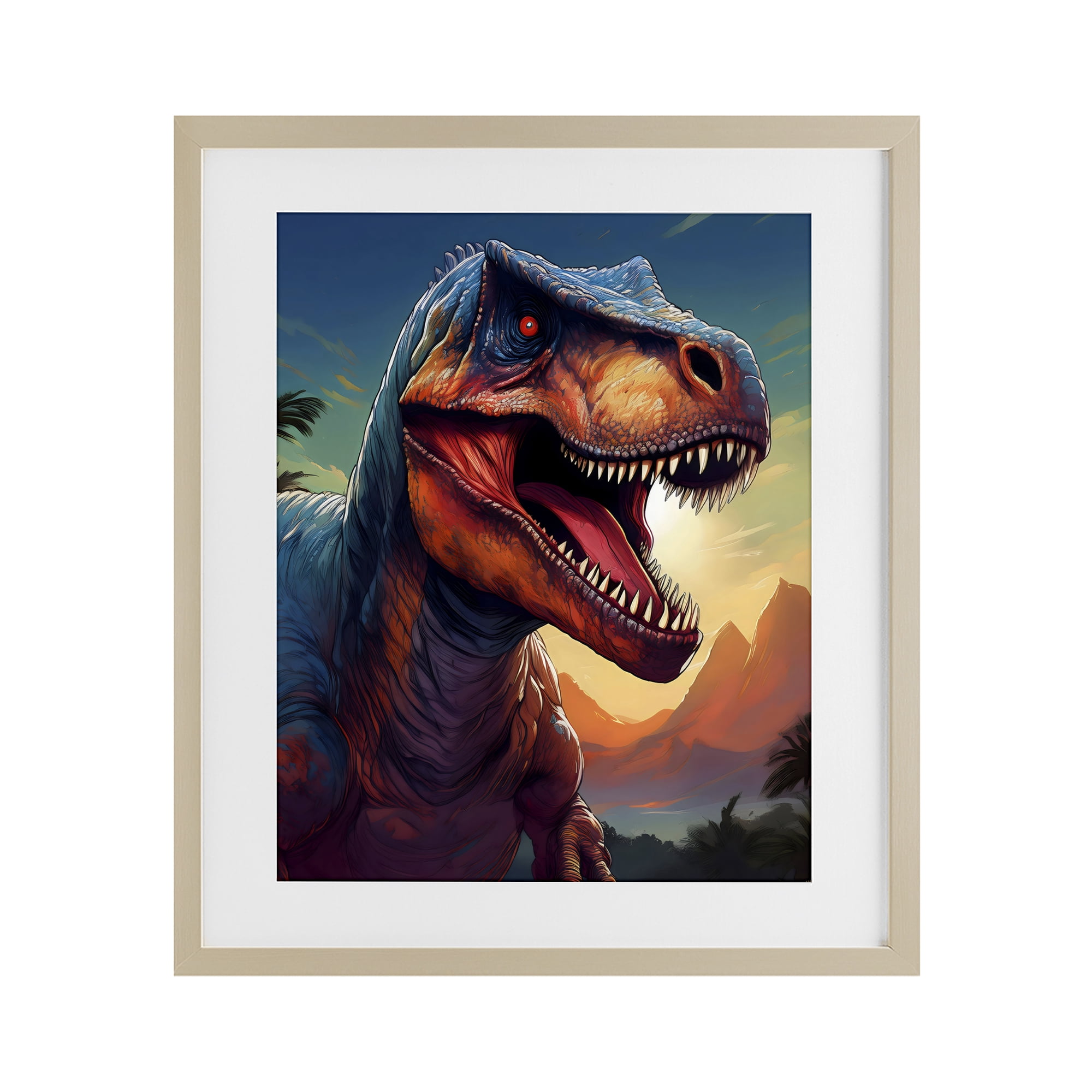 Stupell Industries Dinosaur with Sunset Landscape Birch Framed Print Under Glass, design by Creative Studio