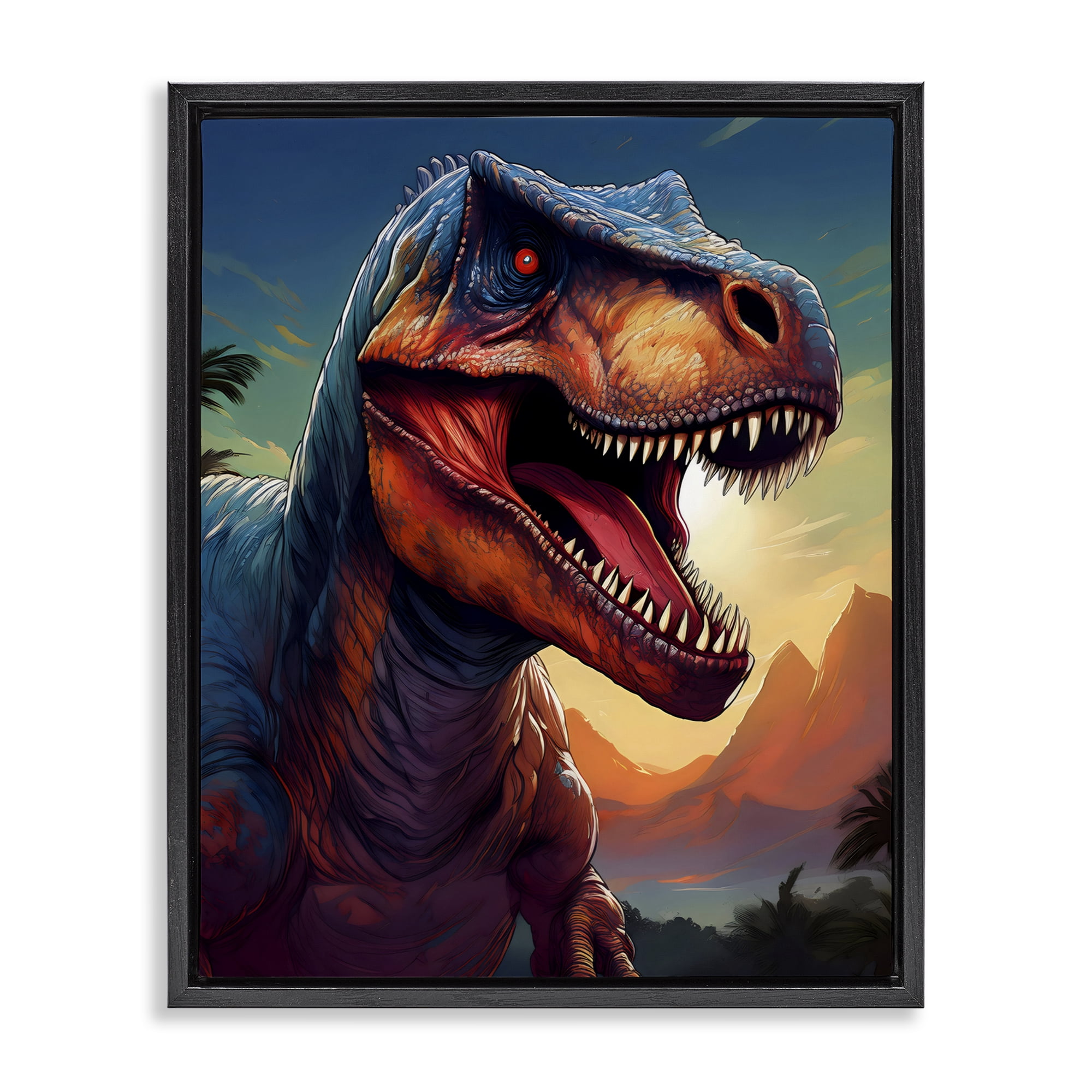 Stupell Industries Dinosaur with Sunset Landscape Black Framed Floater Canvas Wall Art, design by Creative Studio
