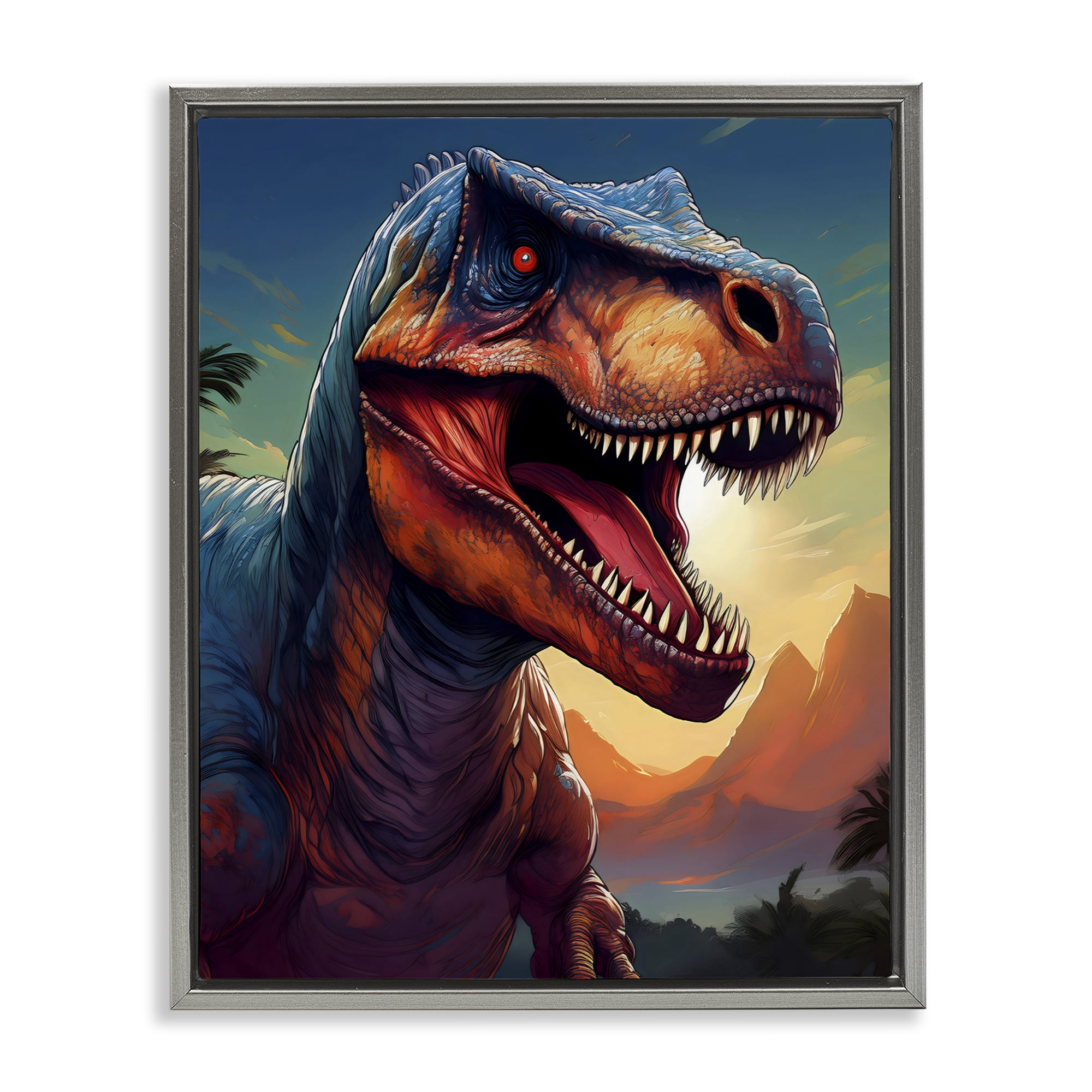Stupell Industries Dinosaur with Sunset Landscape Gray Framed Floater Canvas Wall Art, design by Creative Studio