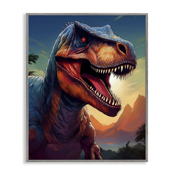 Stupell Industries Contemporary Dinosaur with Sunset Landscape Gray Framed Giclee Art, 16 x 20, by Creative Studio