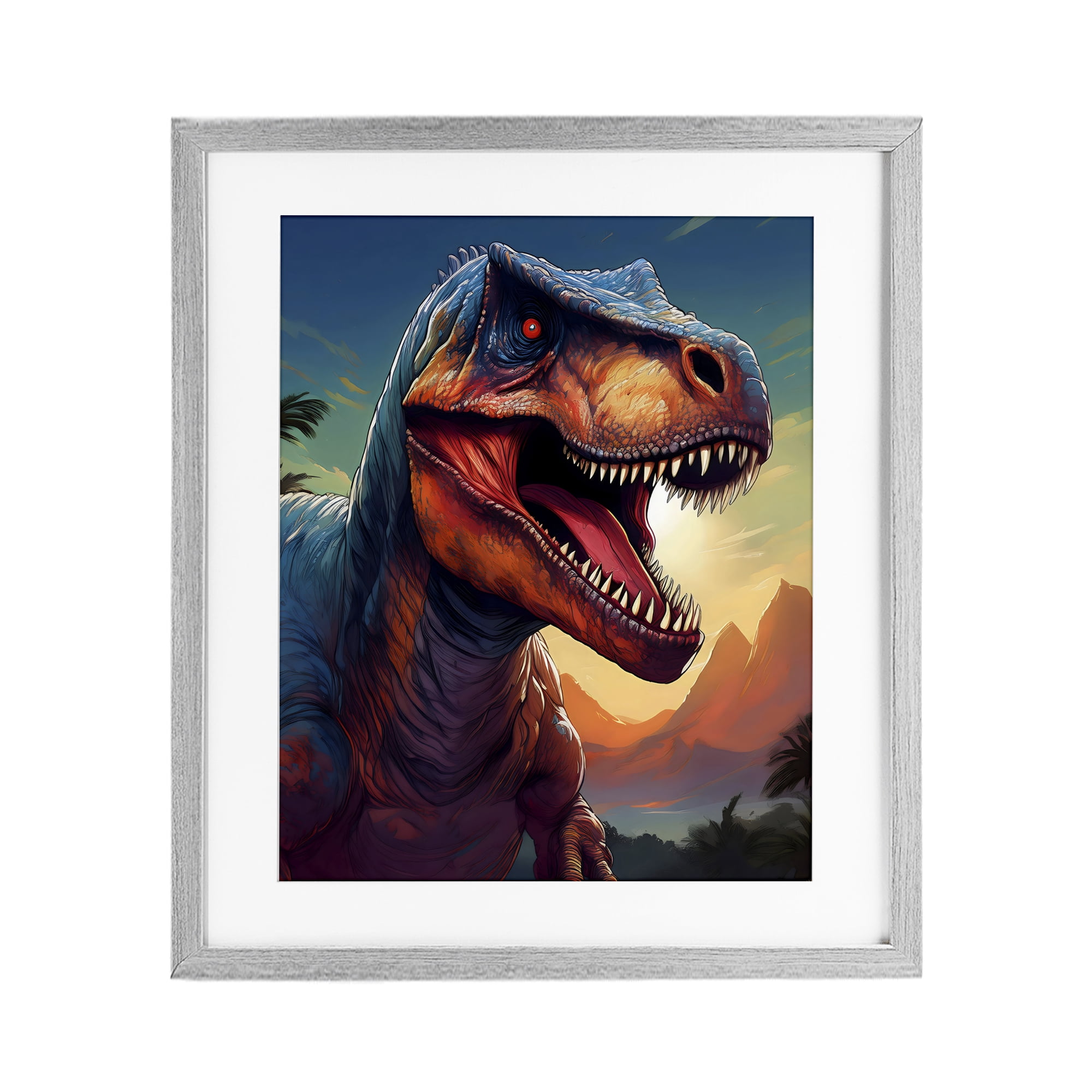 Stupell Industries Dinosaur with Sunset Landscape Gray Framed Print Under Glass, design by Creative Studio
