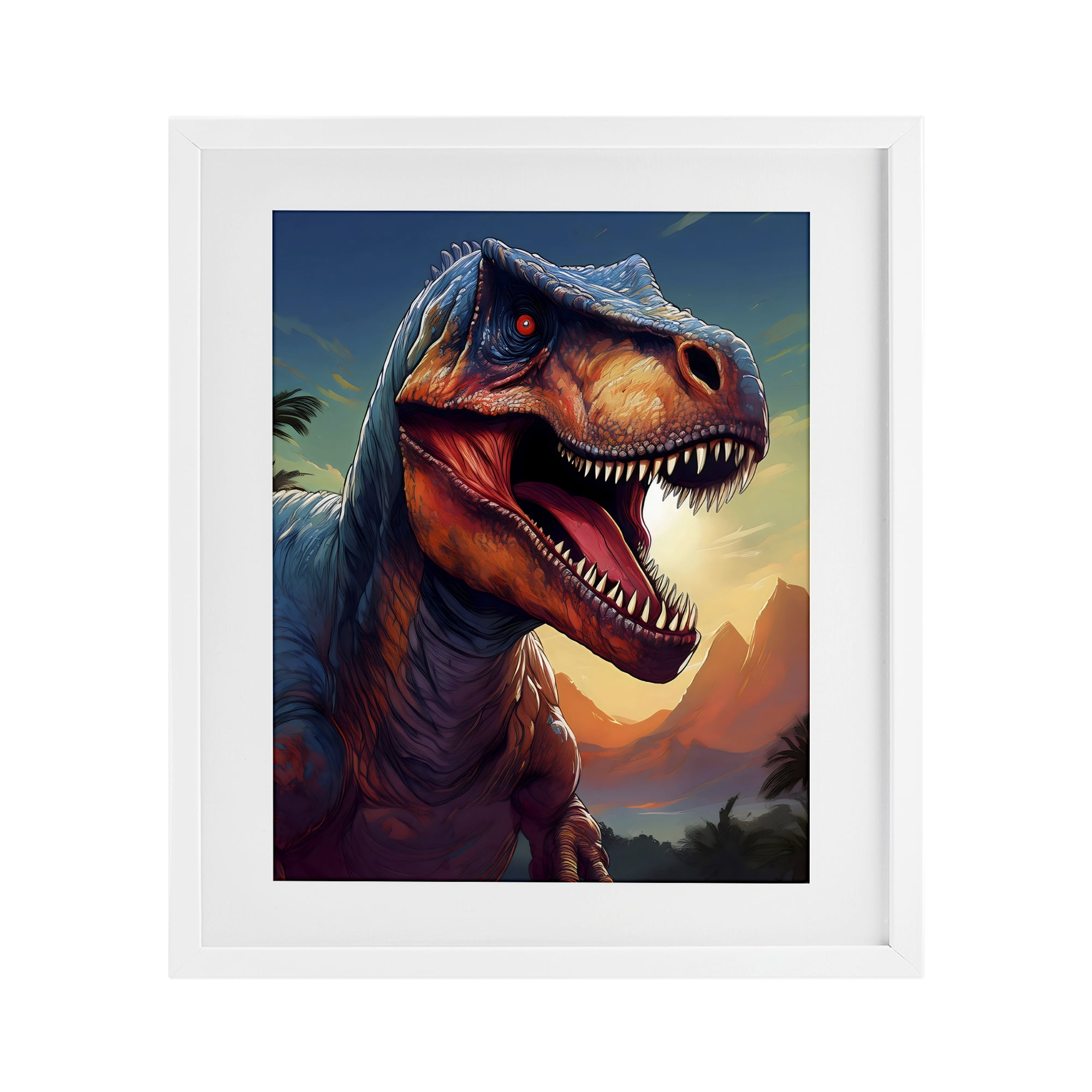 Stupell Industries Dinosaur with Sunset Landscape White Framed Print Under Glass, design by Creative Studio