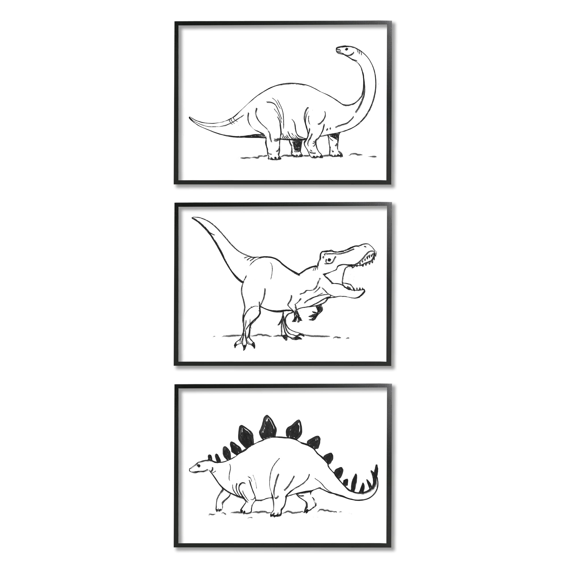 Stupell Industries Dinosaurs Marching Line Drawing Minimal Black White Animals & Insects Painting Black Framed Art Print Wall Art, 16 x 20, Set of 3