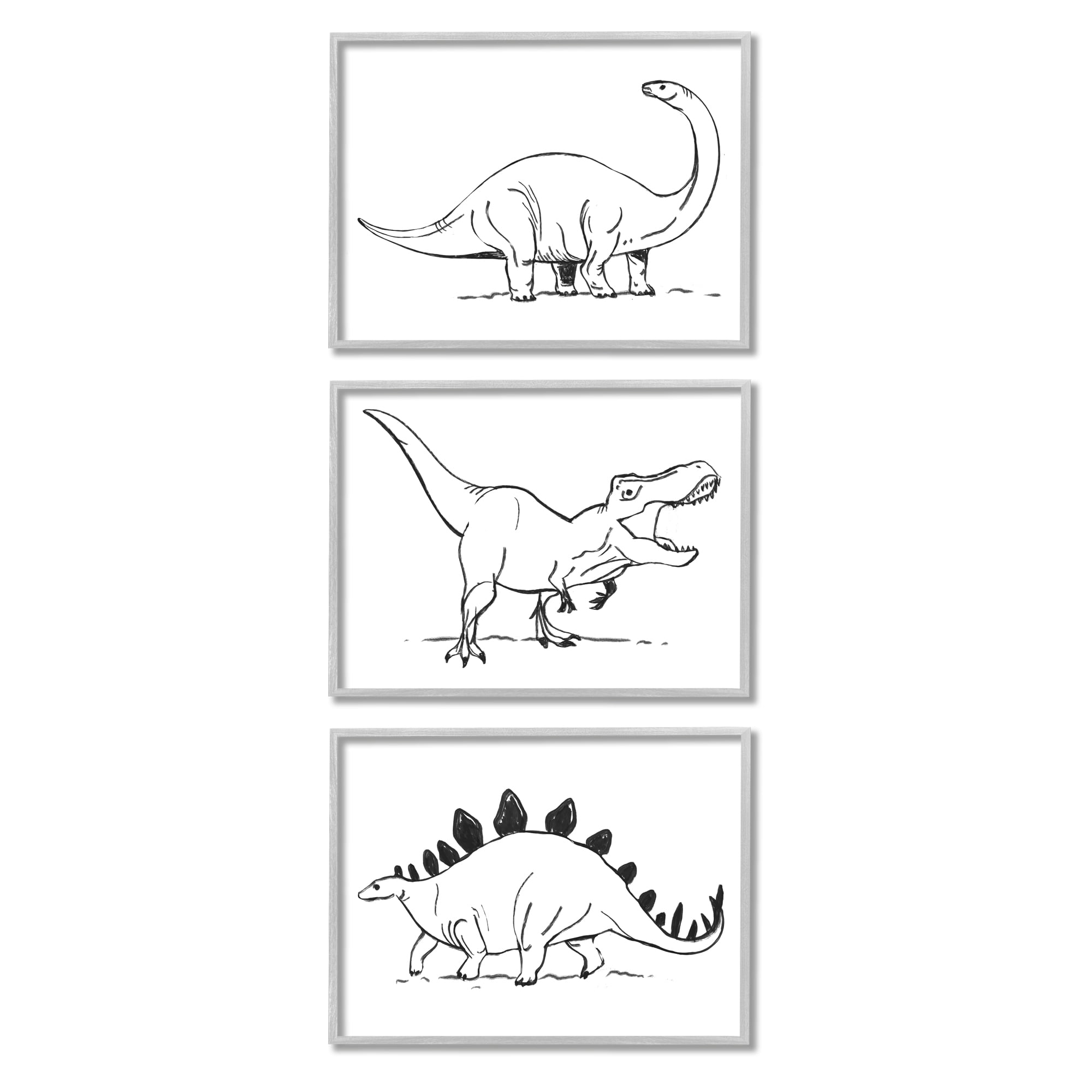 Stupell Industries Dinosaurs Marching Line Drawing Minimal Black White Animals & Insects Painting Gray Framed Art Print Wall Art, 16 x 20, Set of 3