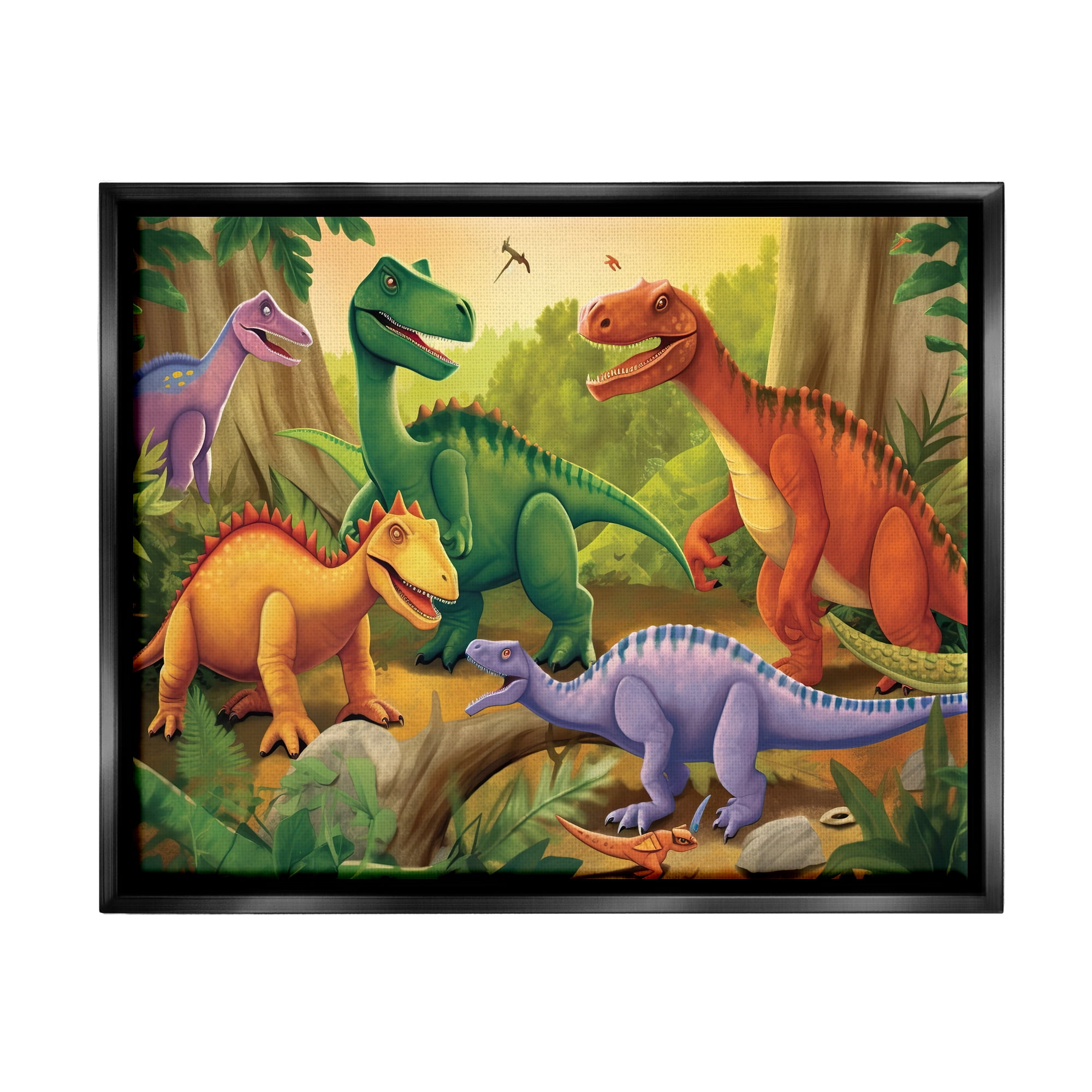 Stupell Industries Dinosaurs in Jungle Scene Animals & Insects Painting Black Floater Framed Art Print Wall Art, 21 x 17