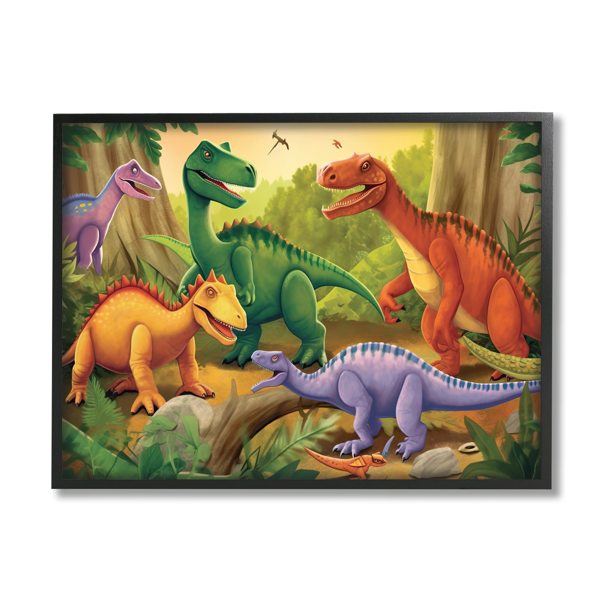 Stupell Industries Dinosaurs in Jungle Scene Animals & Insects Painting Black Framed Art Print Wall Art, 30 x 24