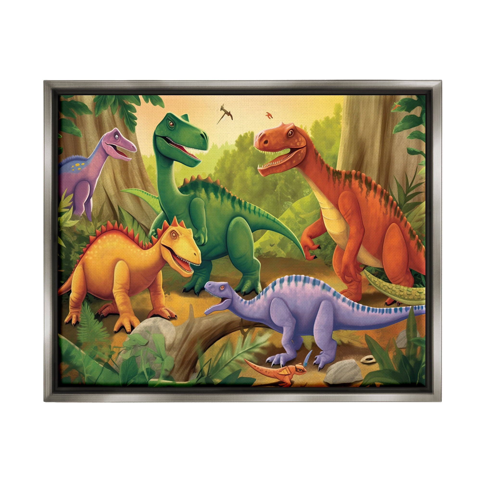 Stupell Industries Dinosaurs in Jungle Scene Animals & Insects Painting Gray Floater Framed Art Print Wall Art, 31 x 25