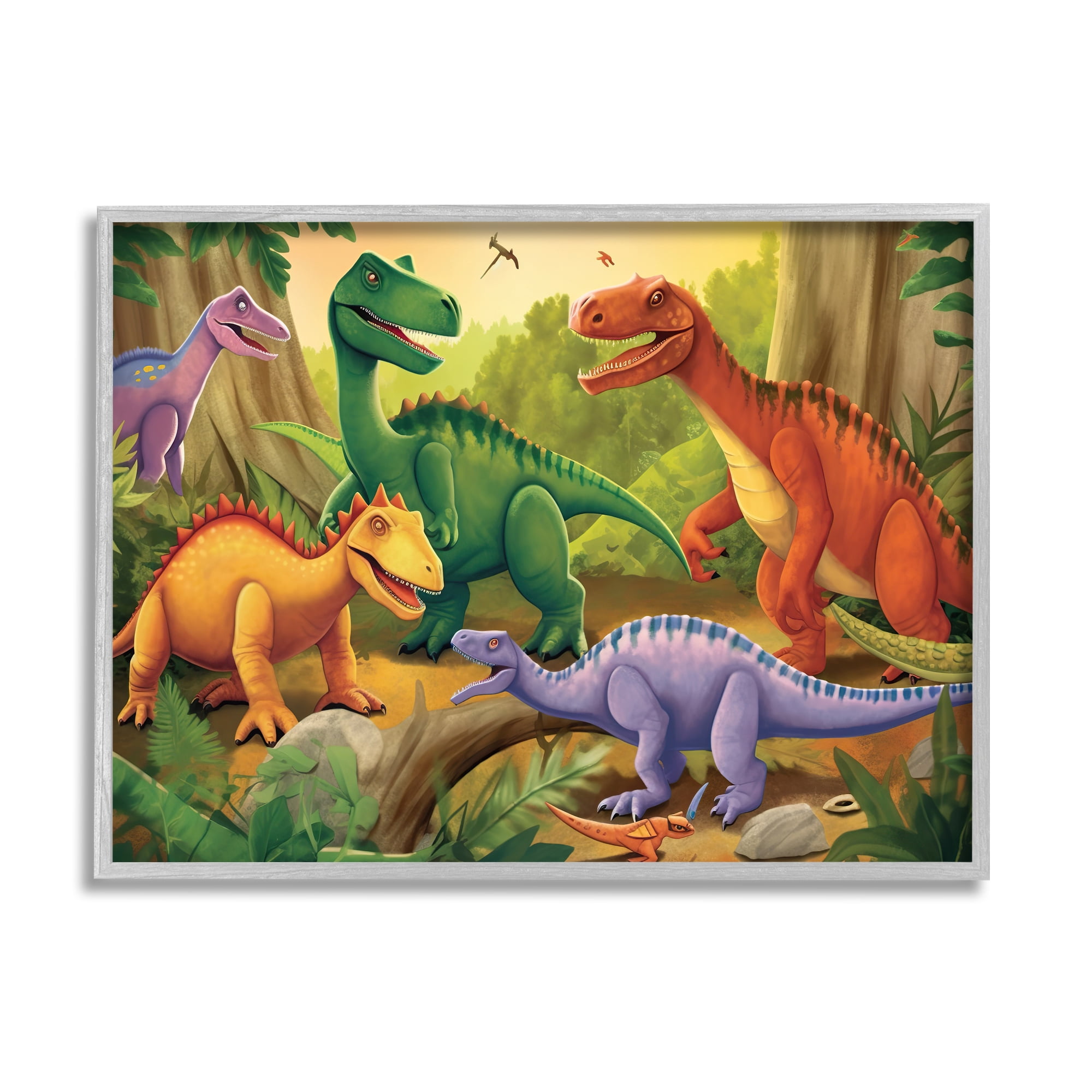 Stupell Industries Dinosaurs in Jungle Scene Animals & Insects Painting Gray Framed Art Print Wall Art, 20 x 16