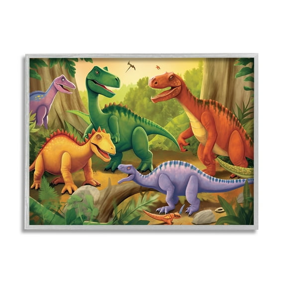 Stupell Industries Dinosaurs in Jungle Scene Animals & Insects Painting Gray Framed Art Print Wall Art, 30 x 24