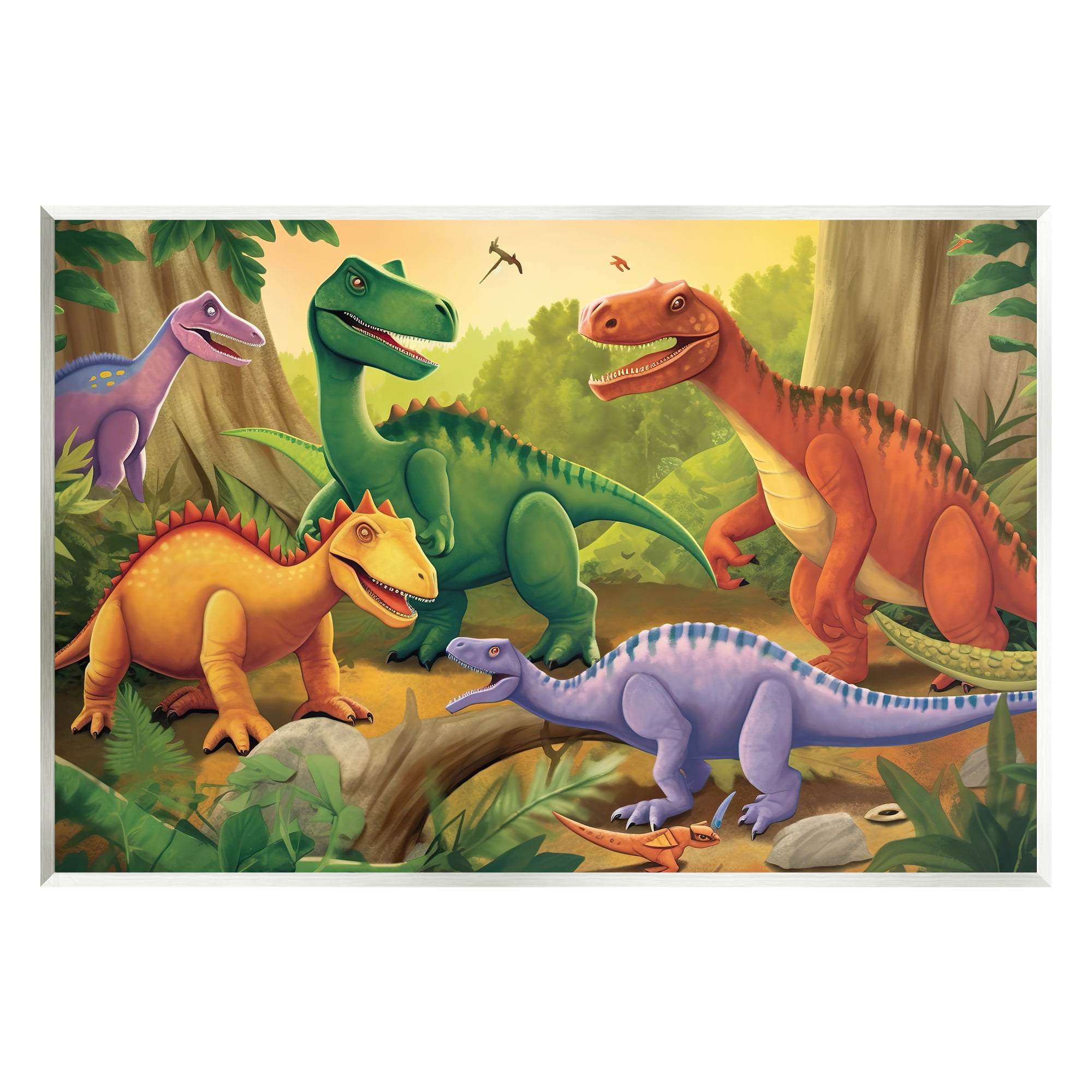 Stupell Industries Dinosaurs in Jungle Scene Animals & Insects Painting Unframed Art Print Wall Art, 19 x 13
