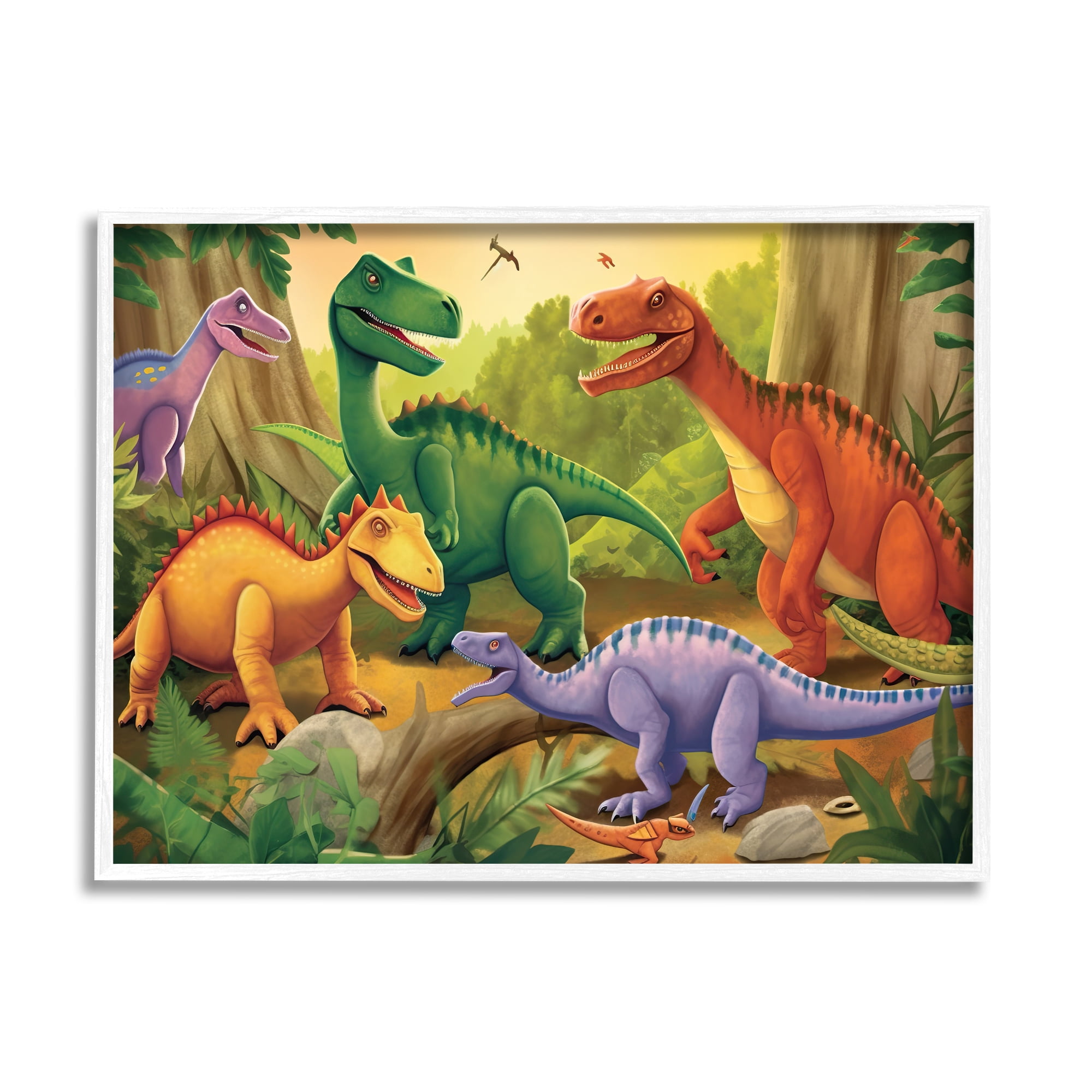 Stupell Industries Dinosaurs in Jungle Scene Animals & Insects Painting White Framed Art Print Wall Art, 14 x 11