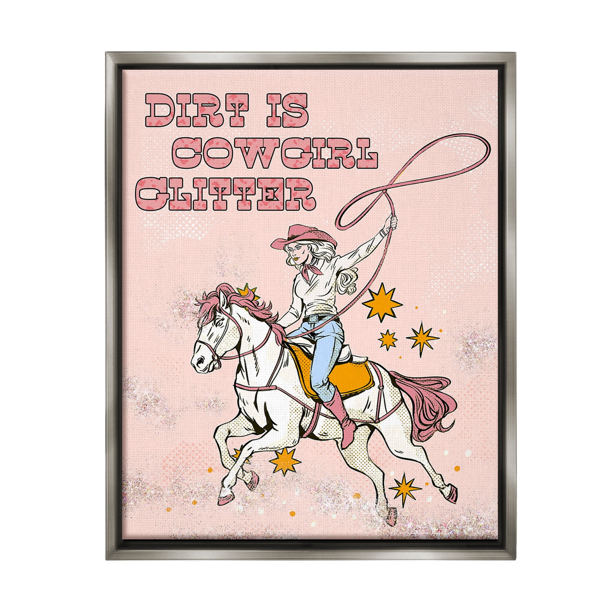 Stupell Industries Dirt Is Cowgirl Glitter Animals & Insects Painting Gray Floater Framed Canvas Art Print Wall Art, 17 x 21