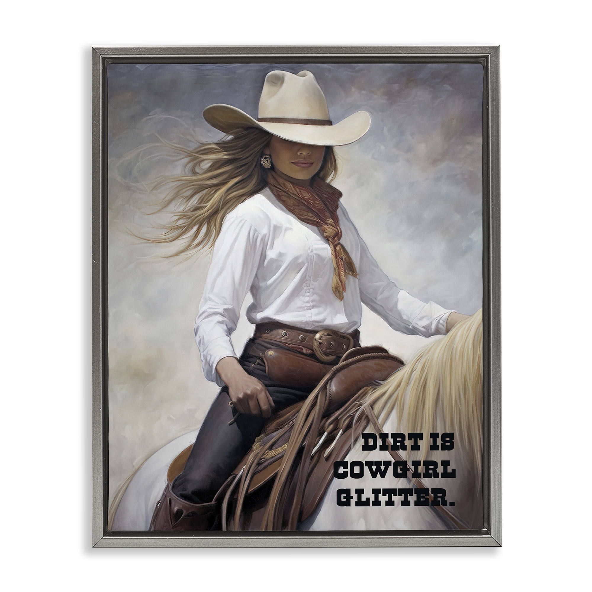 Stupell Industries Dirt Is Cowgirl Glitter People Painting Gray Floater Framed Canvas Art Print Wall Art, 17 x 21