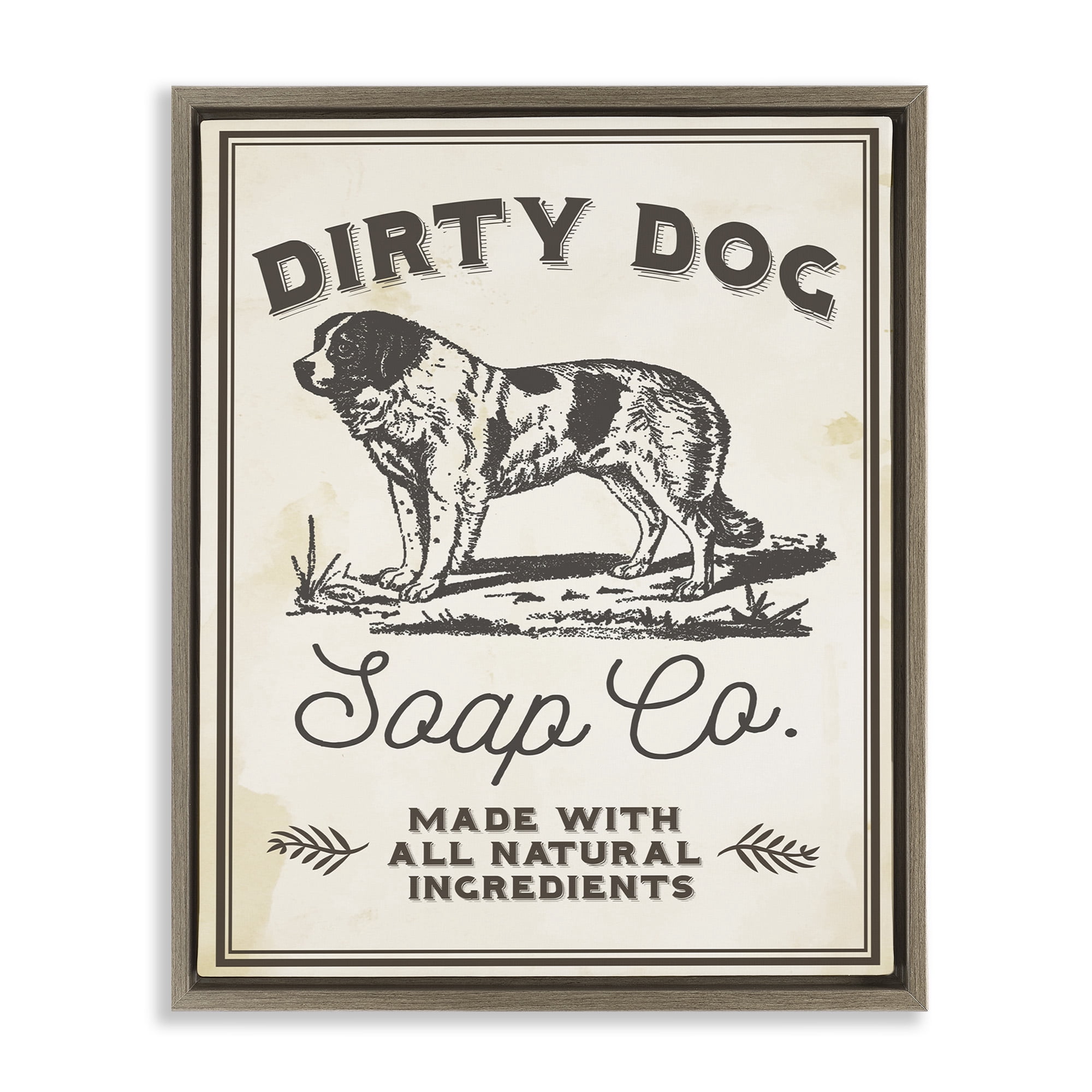 Stupell Industries Dirty Dog Soap Vintage Sign Animals & Insects Painting Brown Floater Framed Canvas Art Print Wall Art, 17 x 21
